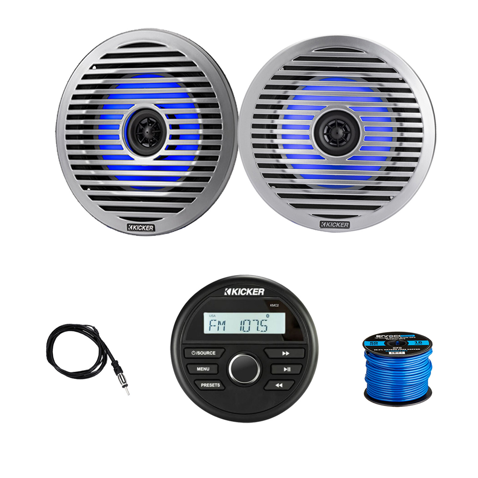Kicker Marine Receiver, 2x 6.5″ 130W LED Speakers w/Grilles, Wire, Antenna