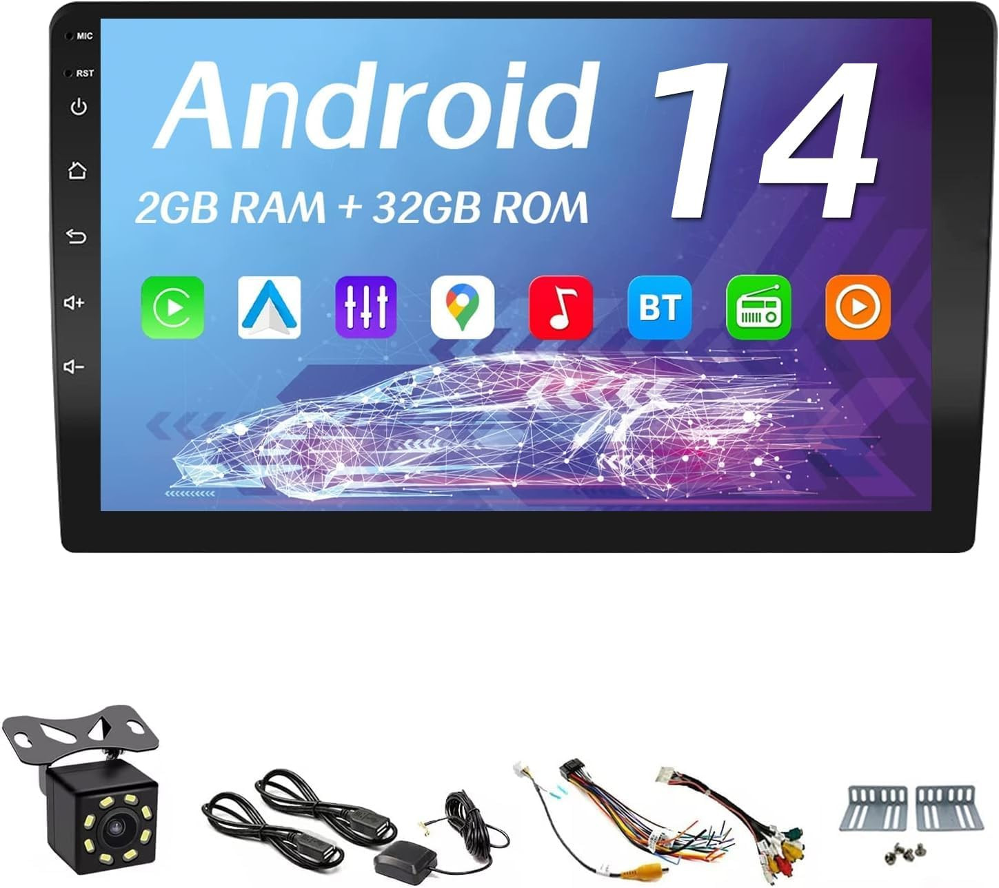 10 Inches Double Din Car Stereo, Apple Carplay Screen, 2G+32G, Bluetooth Android