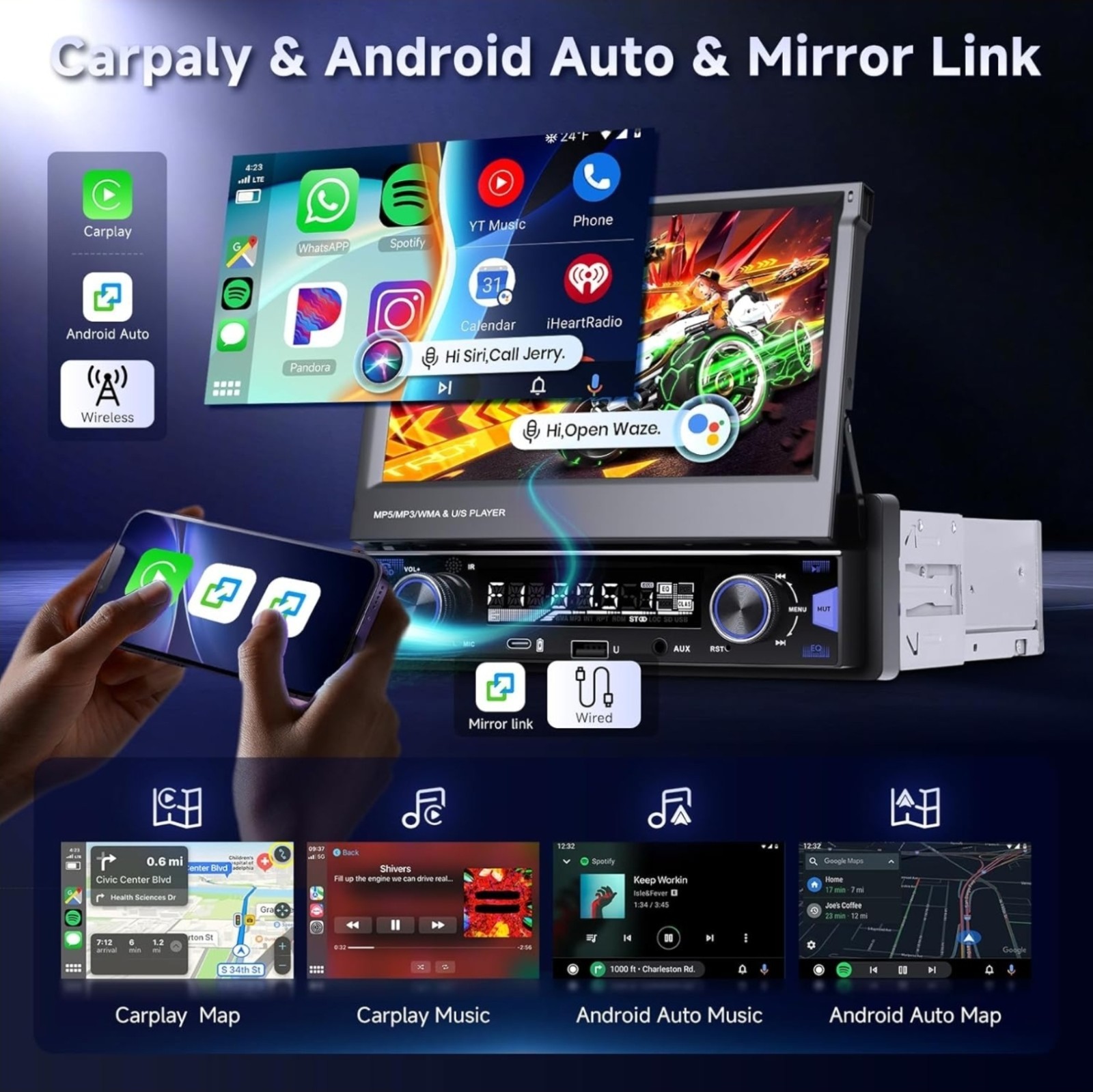 7″ Single DIN Flip Out Car Stereo – Wireless CarPlay, Android Auto, Bluetooth 5.