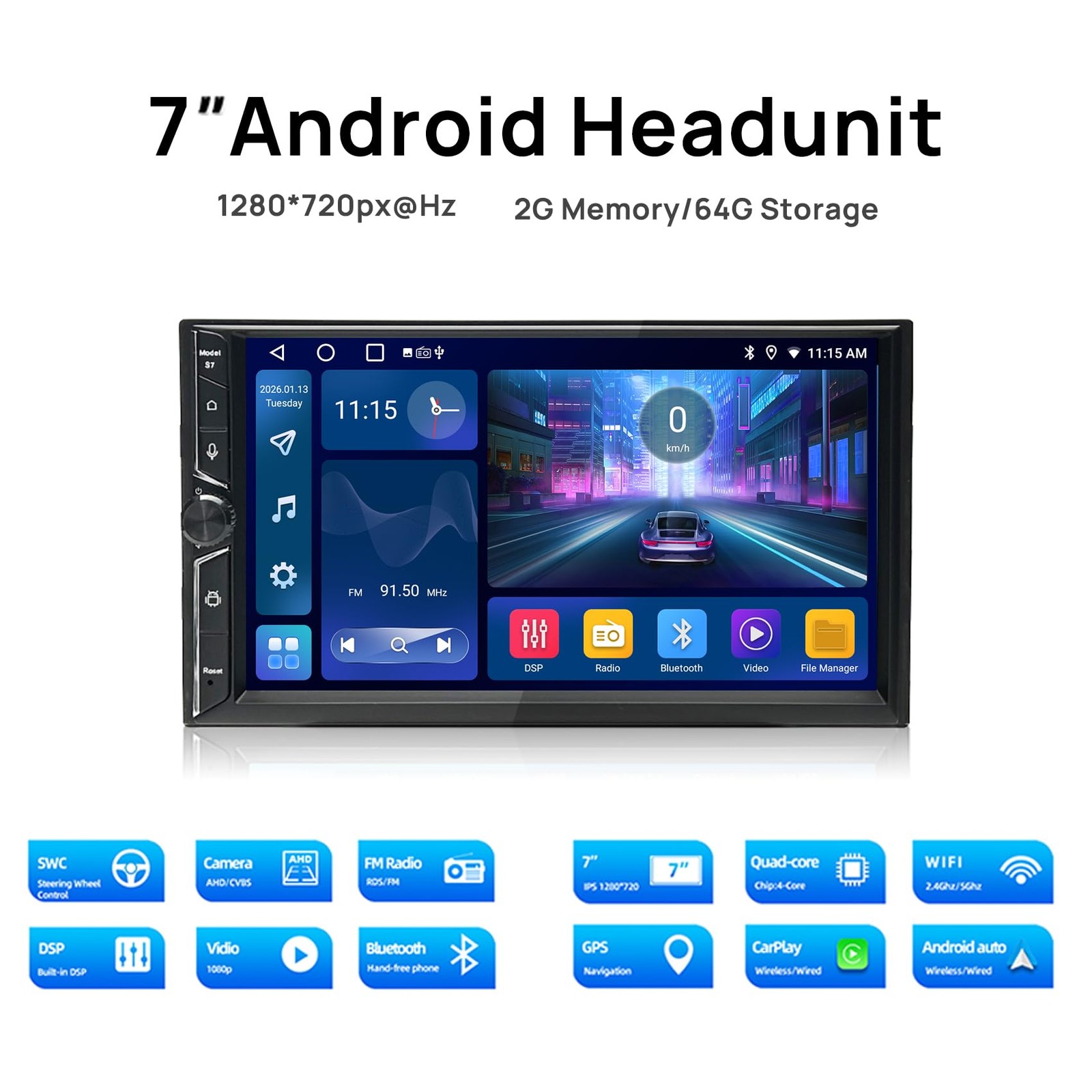 Double Din Car Stereo, 7″ QLED Touchscreen 1280×720, 2GB RAM 64GB ROM, Wirele…
