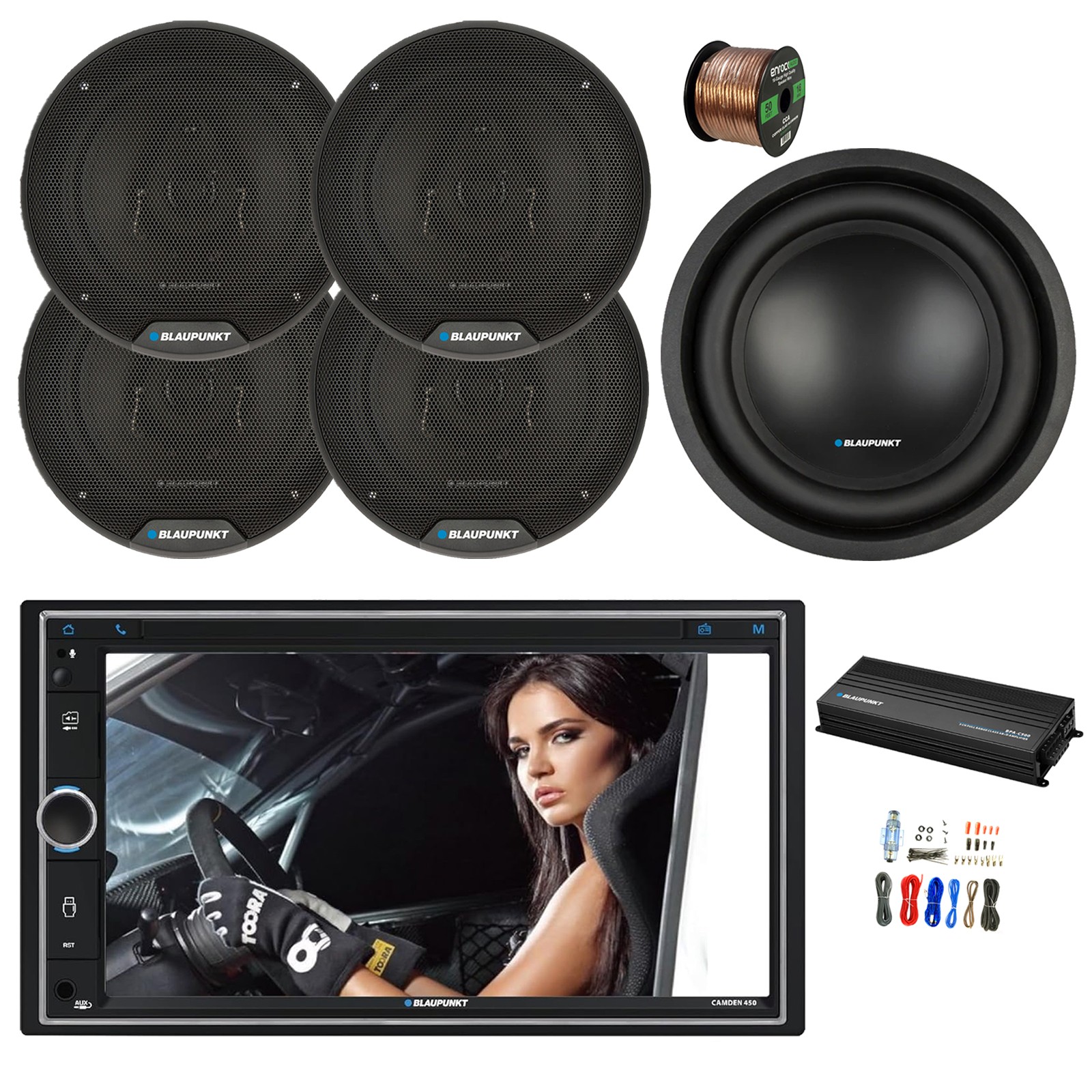 Blaupunkt 7” Touchscreen Radio, Amp w/Kit, 10″ Sub, 4x 6″ 40W Speaker,Wire
