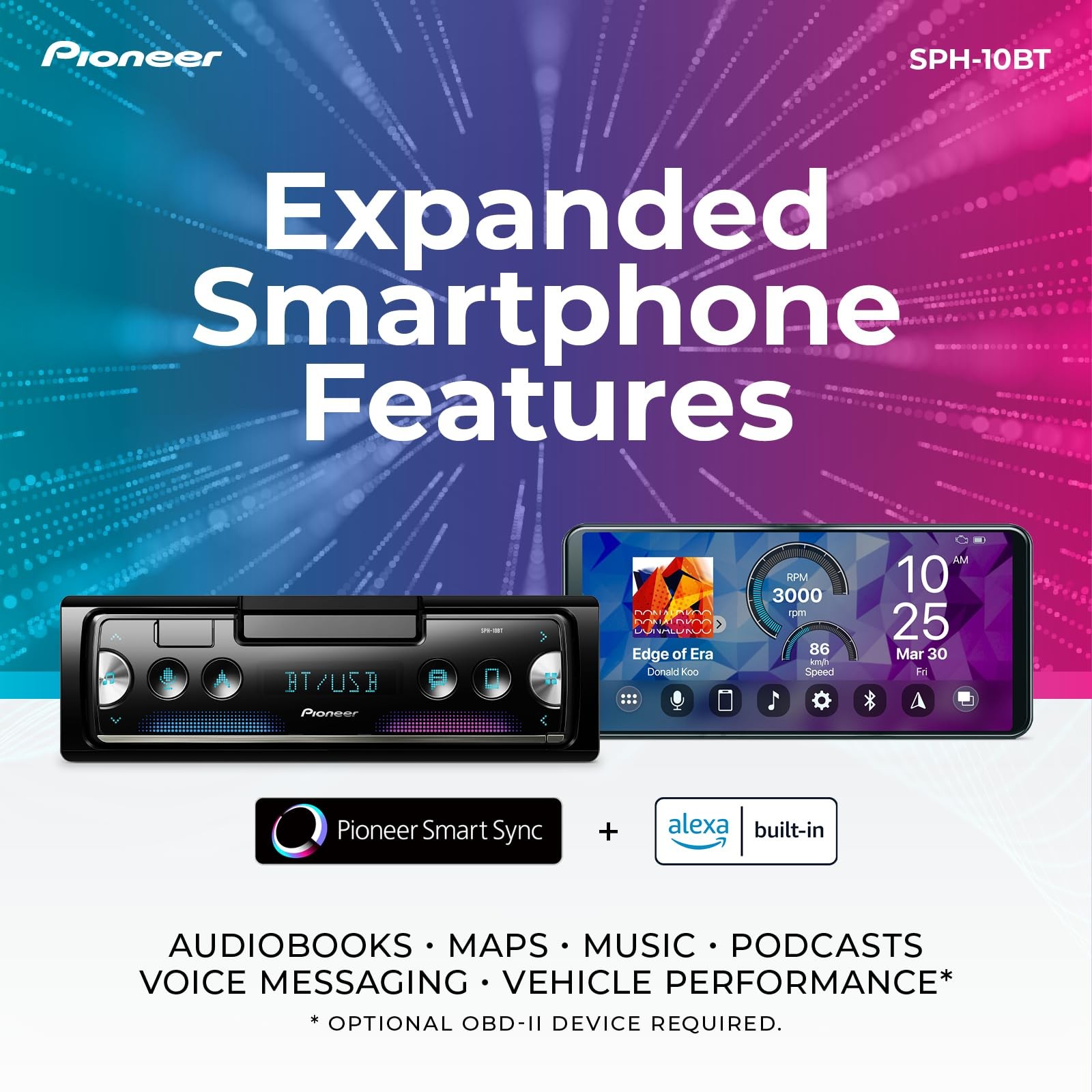 Bluetooth 1-Din Car Receiver with USB, Voice Control, 13-Band EQ, AM/FM Radio