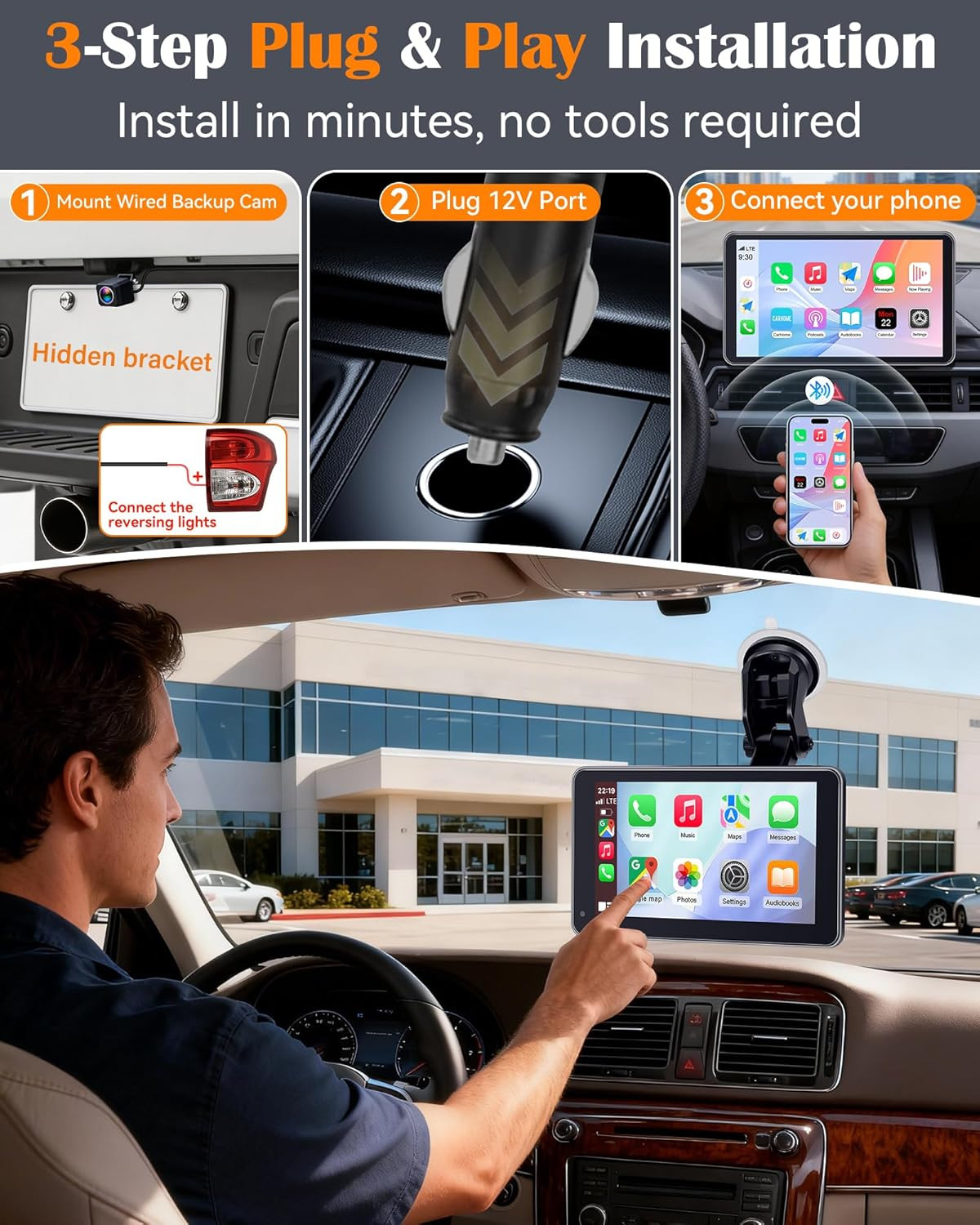 Portable Carplay Screen with Backup Camera – Plug-Play 7-Inch HD 1080P Car Touch