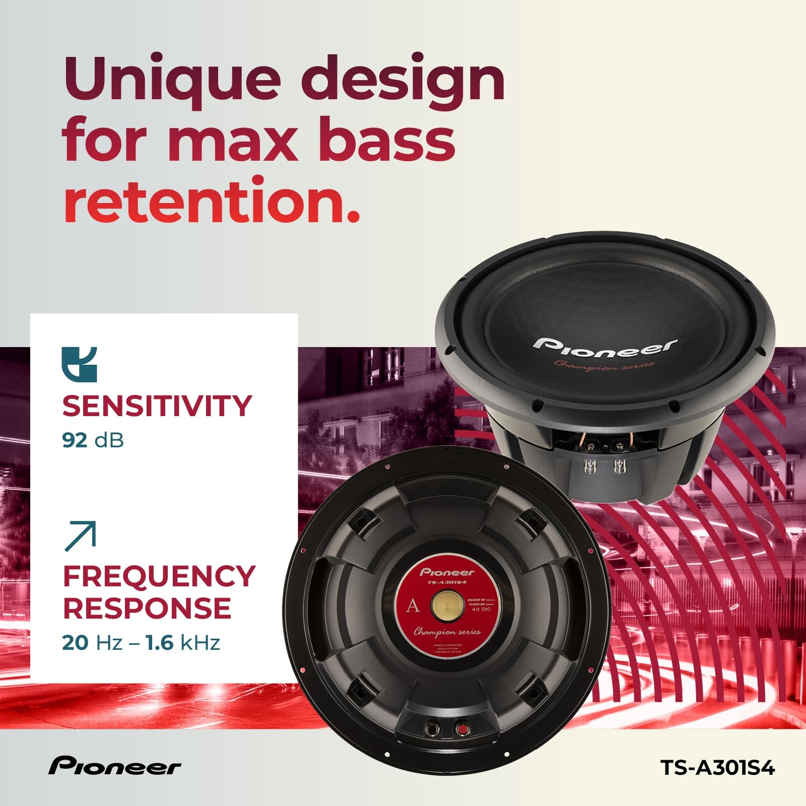 PIONEER TS-A301S4 – Powerful 12-inch Subwoofer, 1600 Watts Peak Power, Single 4