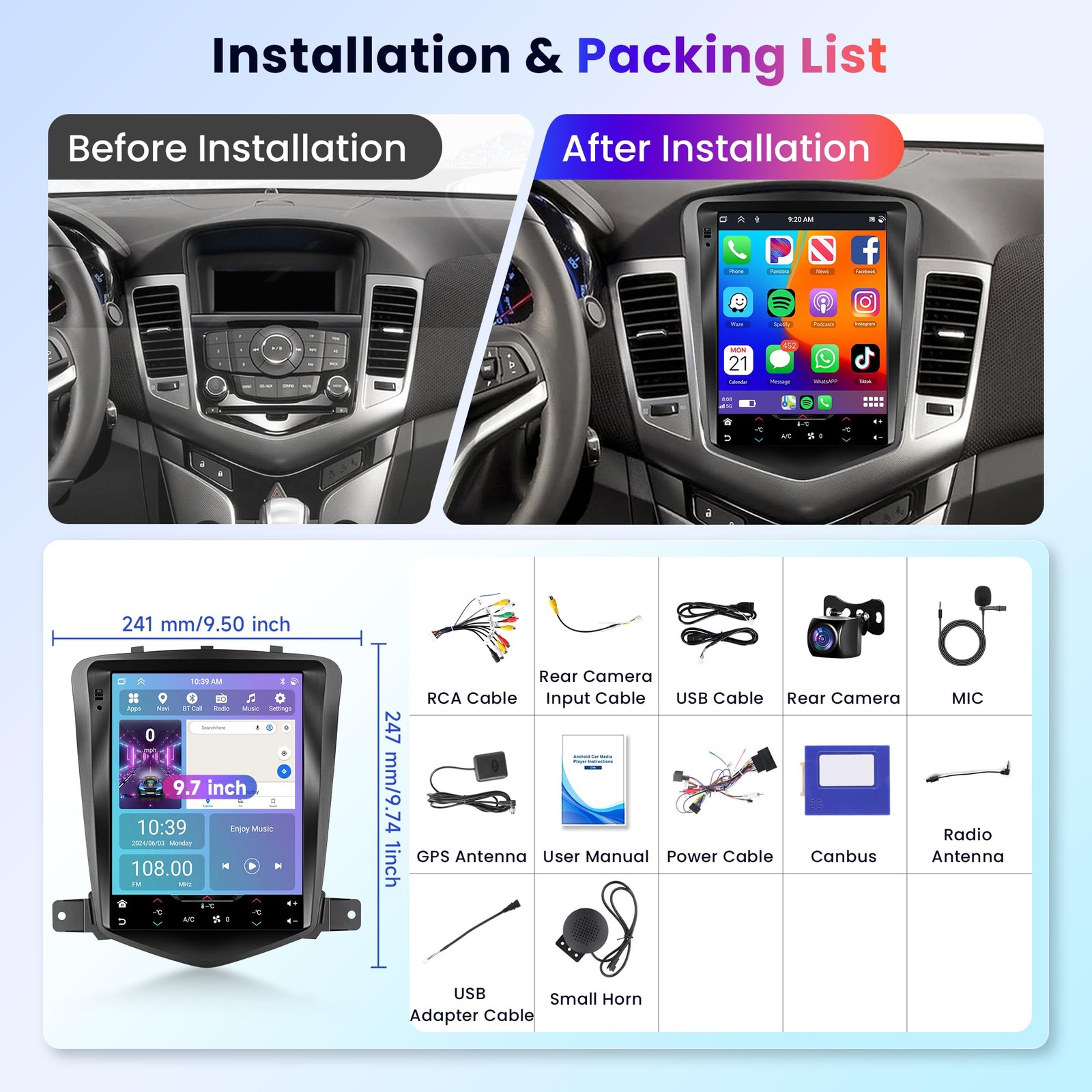 9.7″ Touchscreen Wireless Carplay Android Auto Stereo for 2009-2014 Chevy Cruze