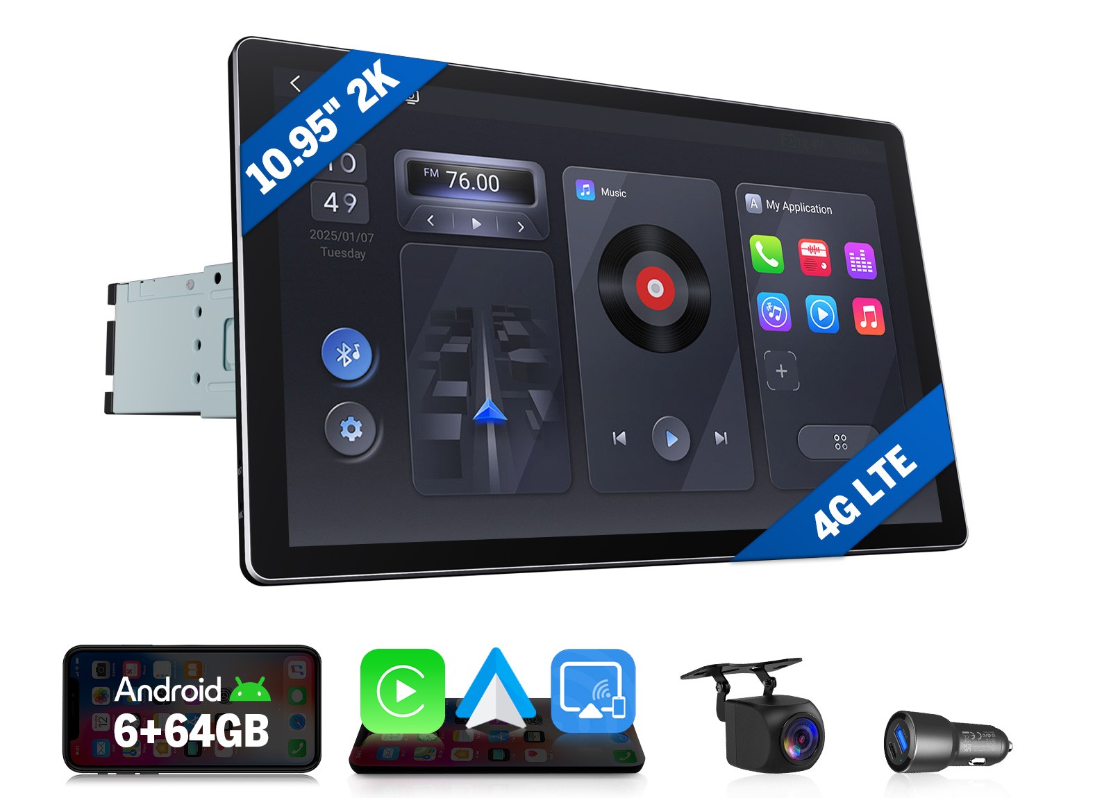 QCM6225 Android Car Radio HeadUnit Single DIN Wireless CarPlay GPS Bluetooth 5.1