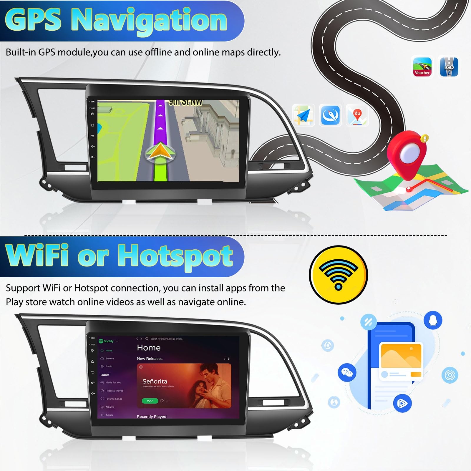 AmPremium 264G Android 13 Car Stereo For Hyundai Elantra 2016-2018 Wireless