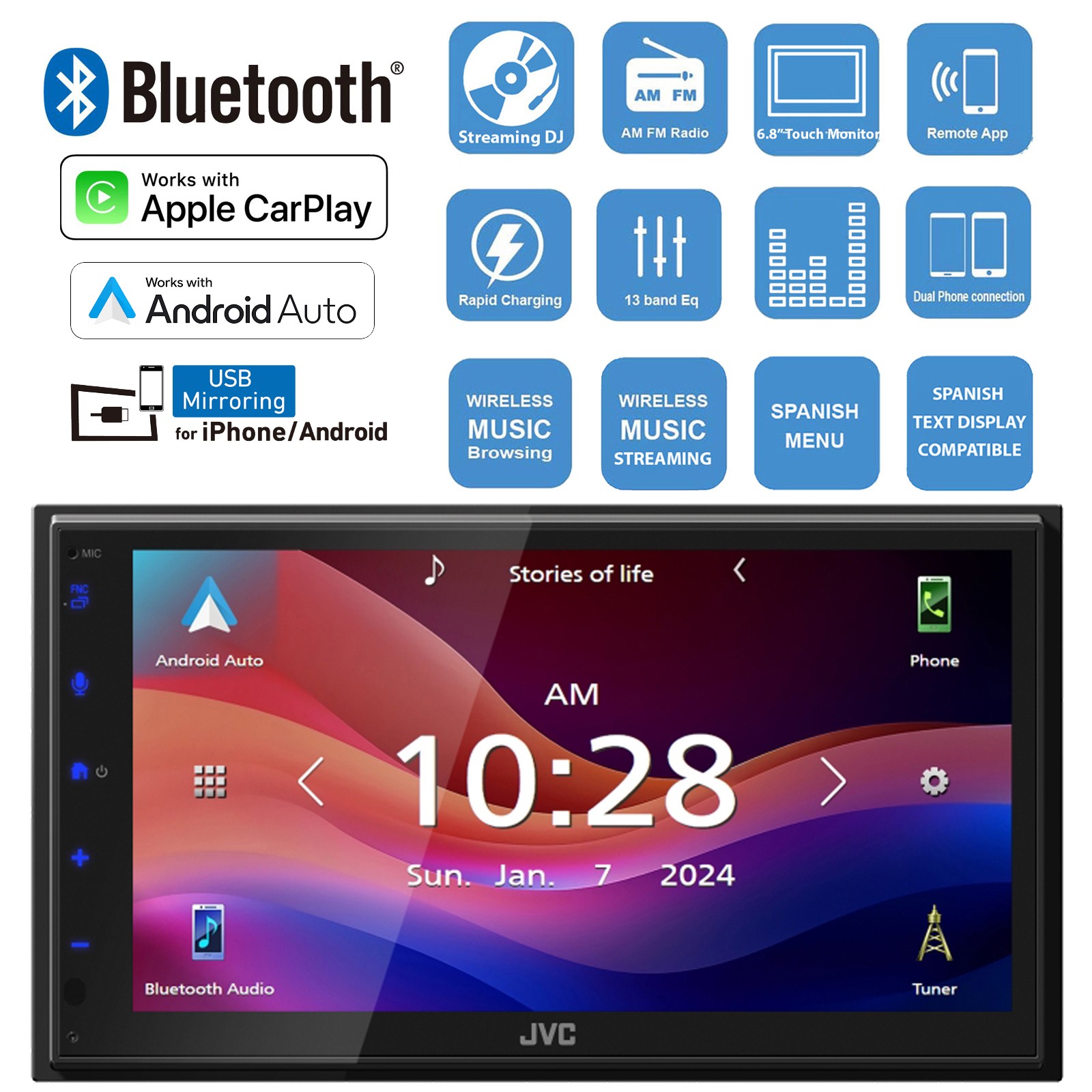 JVC KWM595BT Double DIN 6.8″ Bluetooth USB Touch Digital Media Stereo Receiver