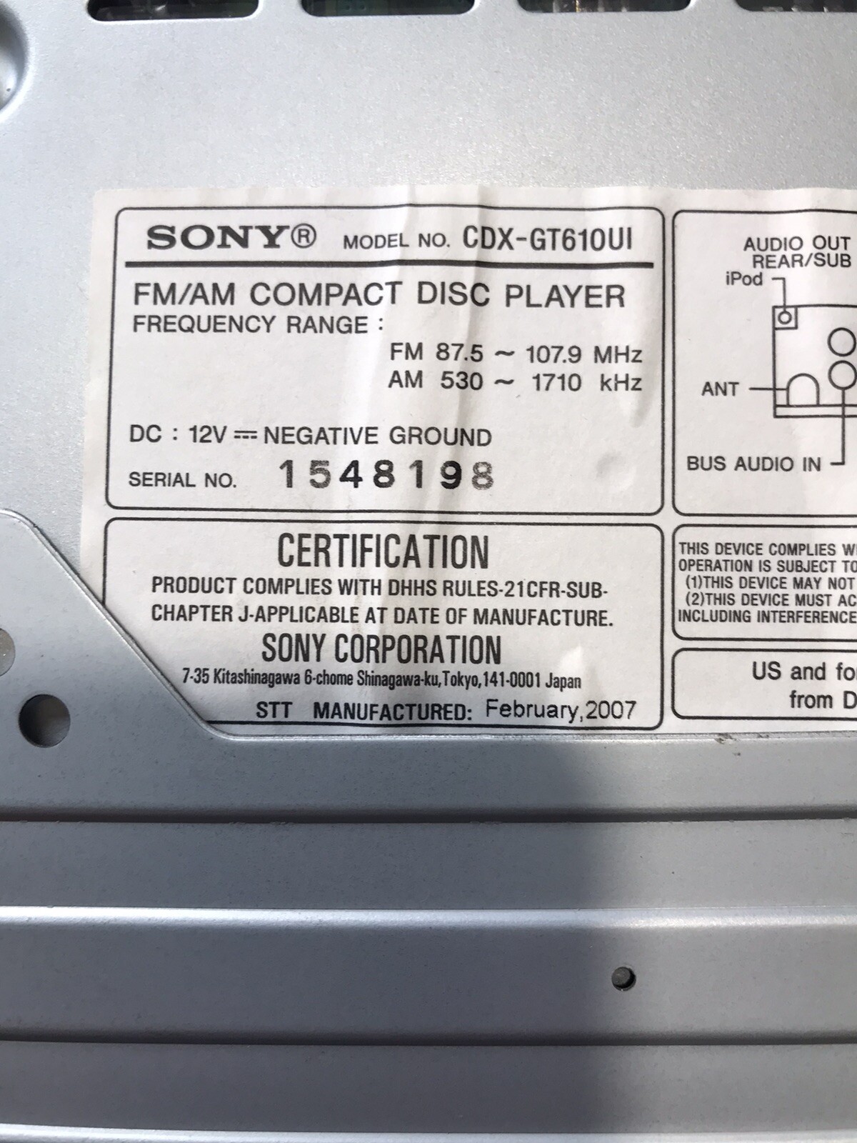 Sony Cdx-gt610ui Cdxgt610u Original Car Radio Faceplate Head And Player Untested