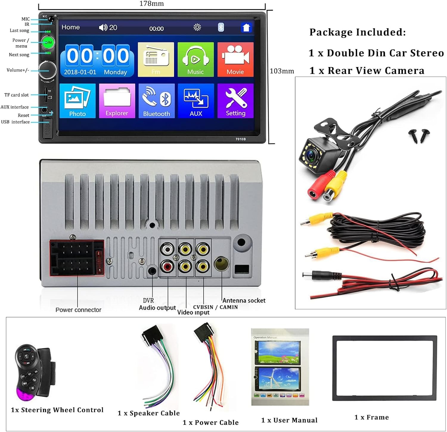 7″ Double Din Car Stereo Bluetooth MP5 Player HD Touchscreen FM AUX USB TF