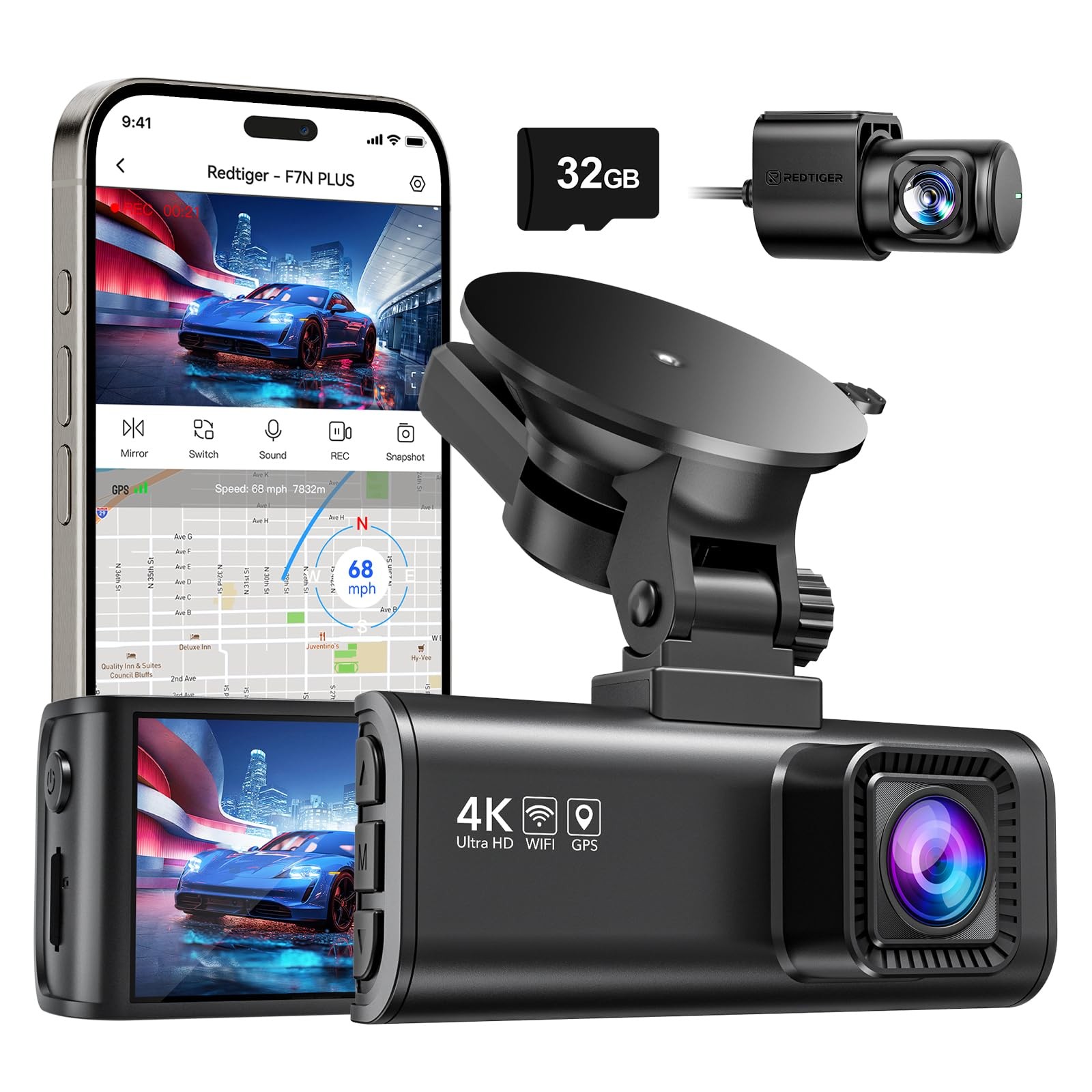 REDTIGER F7NP 4K Front/2.5K Rear Dash Cam 3.16″ IPS GPS WiFi 170° + 32GB Card