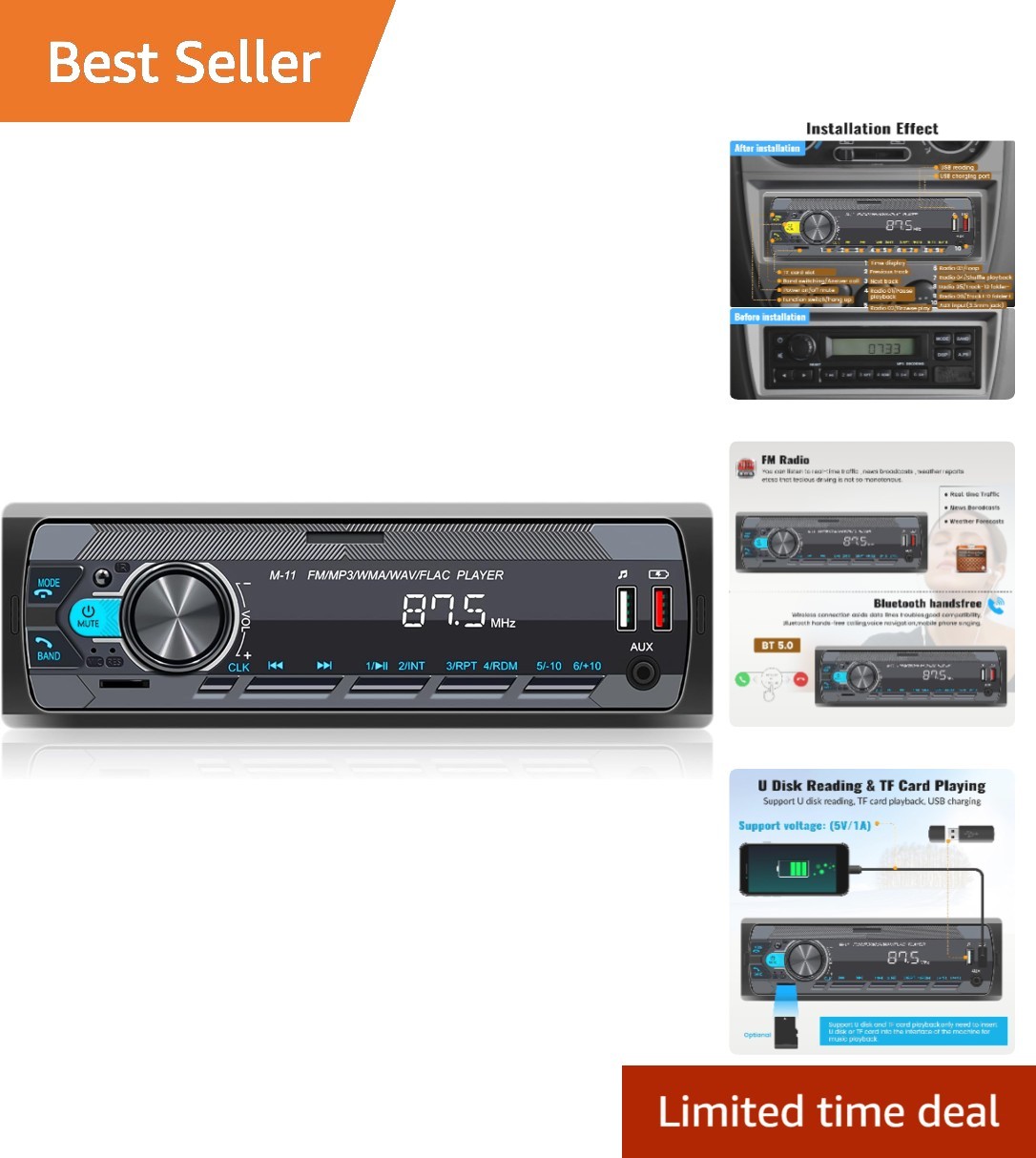 Smart Single Din Car Stereo with Bluetooth 5.0, Remote Control & Audio Recording