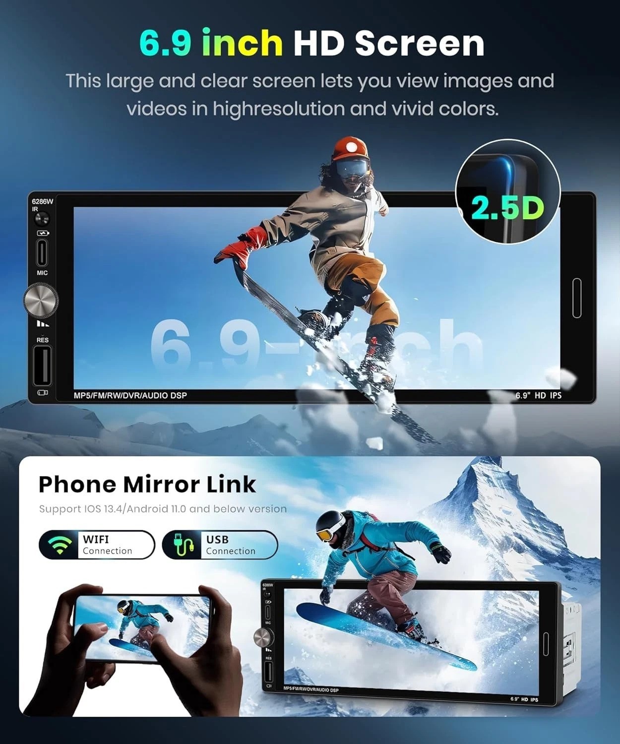 2025 Single Din Car Stereo with Wireless Carplay & Android Auto, 6.9” IPS Screen