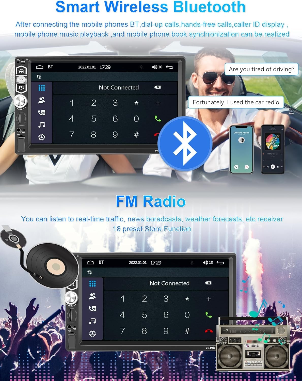 7″ Single 1 Din Touch Screen Car Stereo Bluetooth Radio Apple/Android Carplay BT