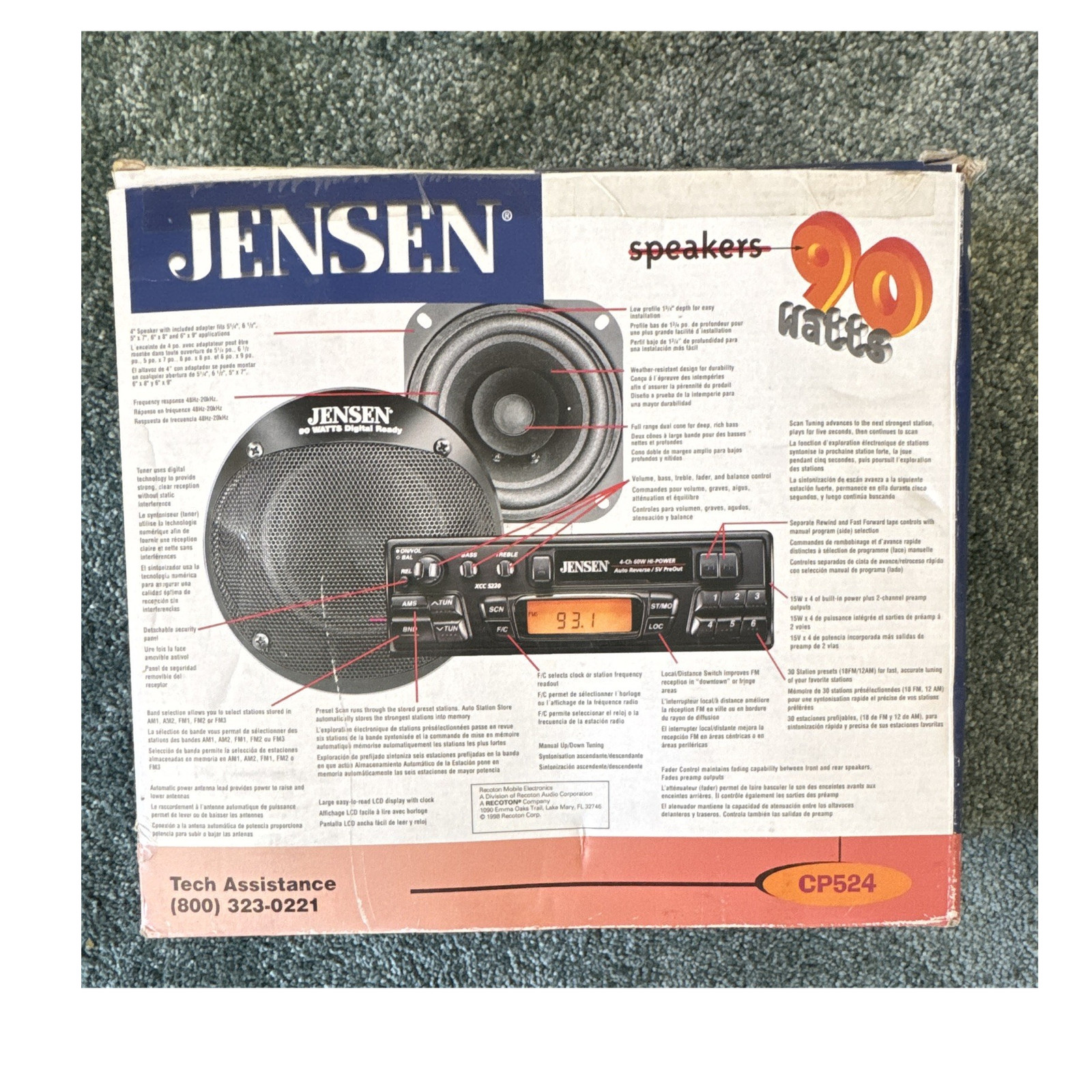 Jensen CP524 1 DIN AM/FM Auto Reverse Cassette Player Receiver, Detachable Face