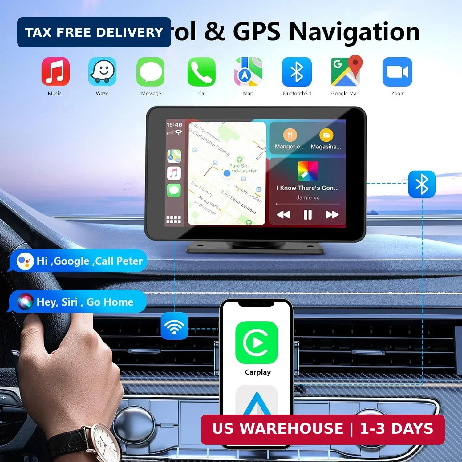 Carplay Screen for Car, 7” Wireless CarPlay & Android Auto- Upgrade Portable To