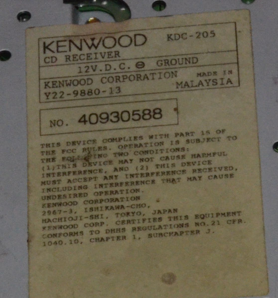 Kenwood In Dash CD Receiver Model KDC-205.