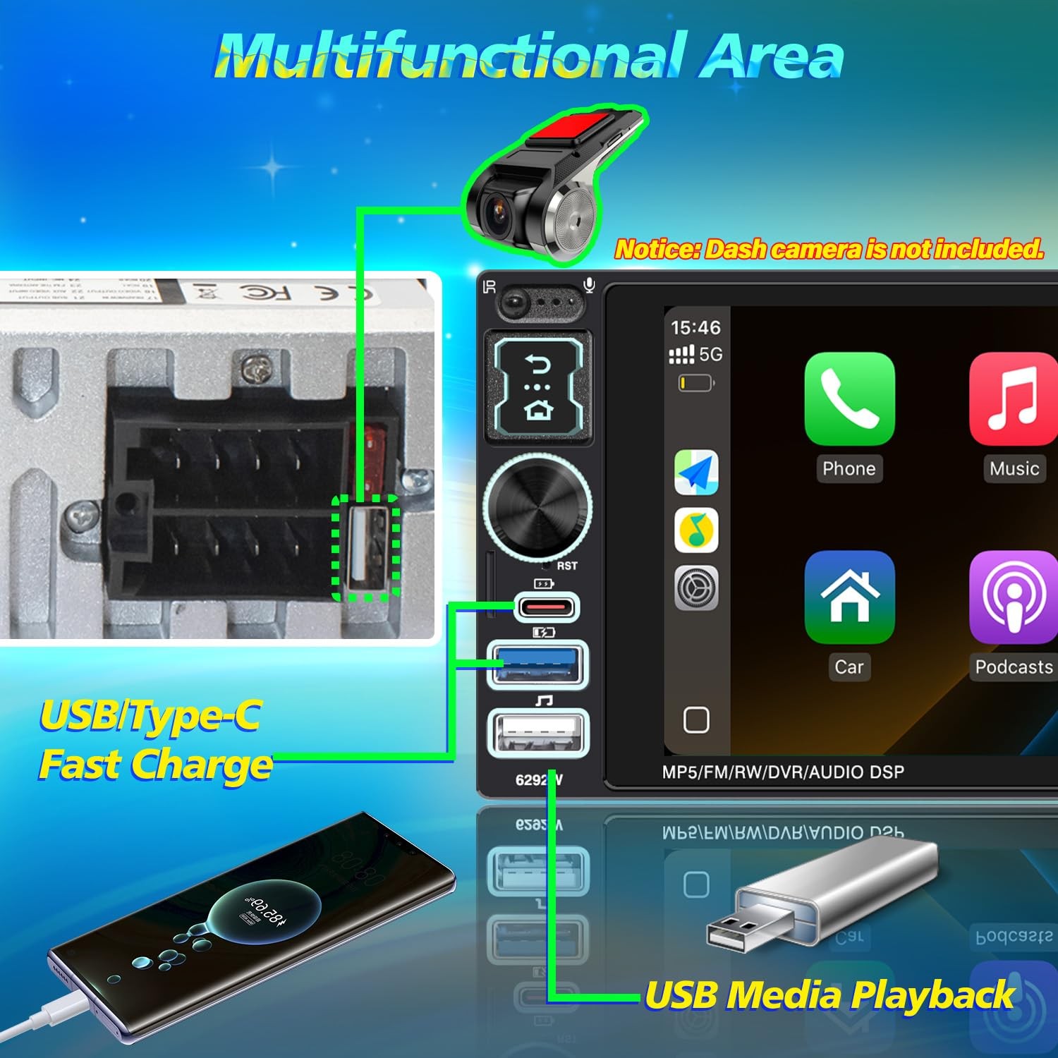 Single Din Car Stereo with Wireless Apple Carplay & Android Auto, 6.9″ IPS To…