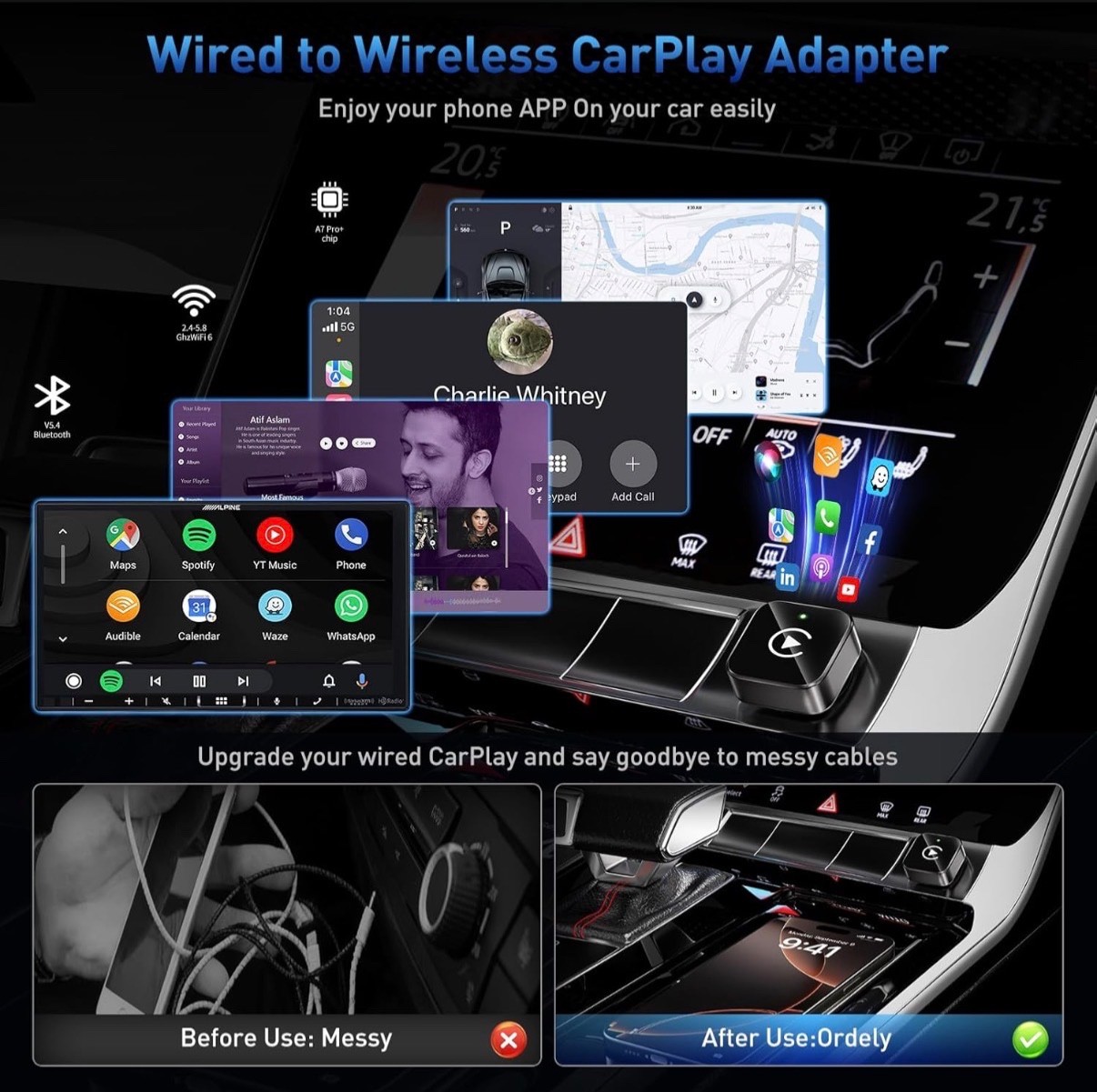 iGENJUN Wireless CarPlay Adapter USB/USB-C Plug & Play for iPhone & Android