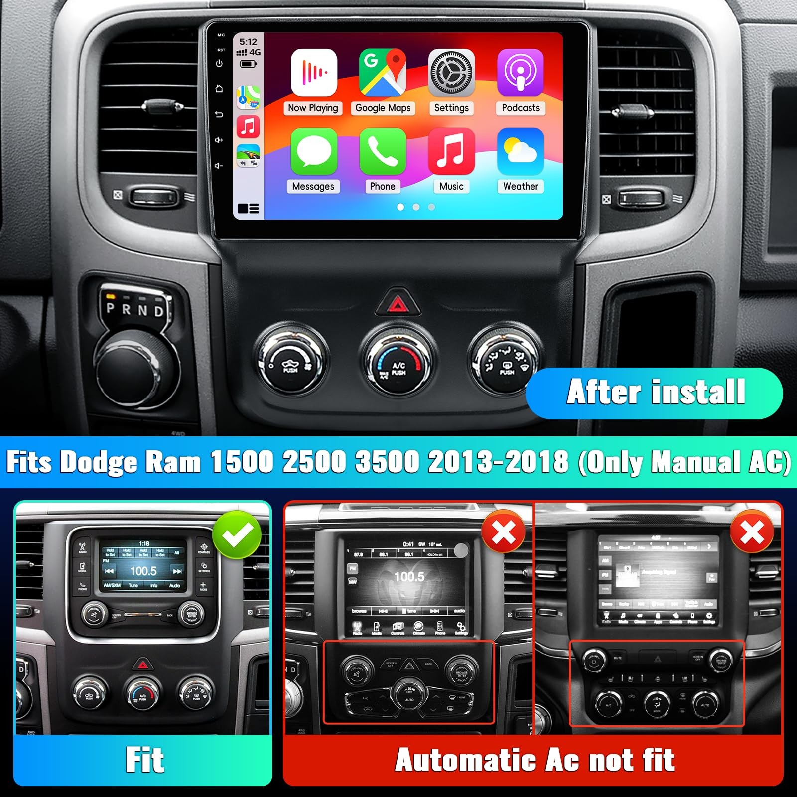 9″ Wireless Carplay Stereo for 2013-2018 Dodge Ram 1500 2500 3500 w/ Manual AC