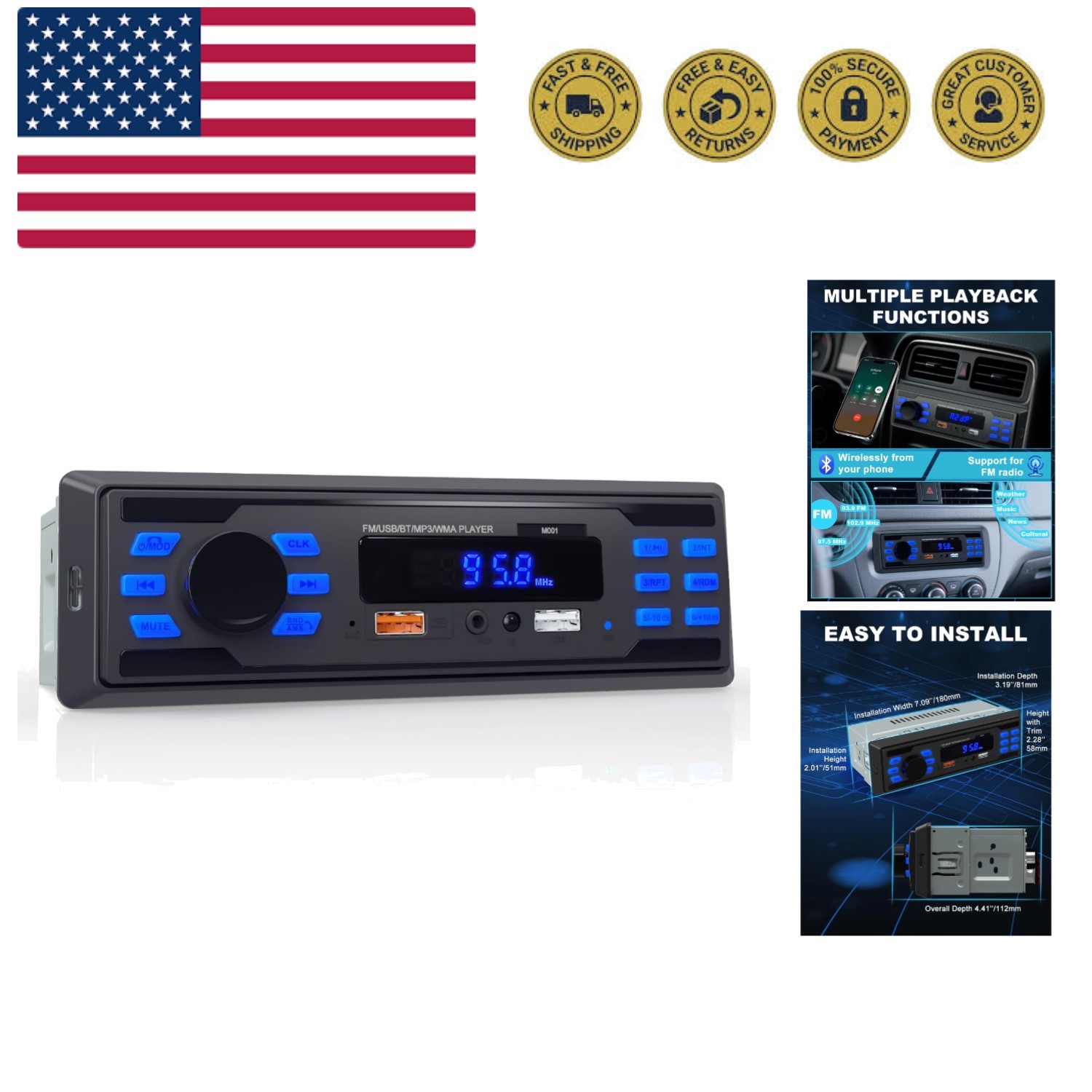 Single DIN Bluetooth Car Stereo, Handsfree Car Radio Receiver & Car Audio Sys…