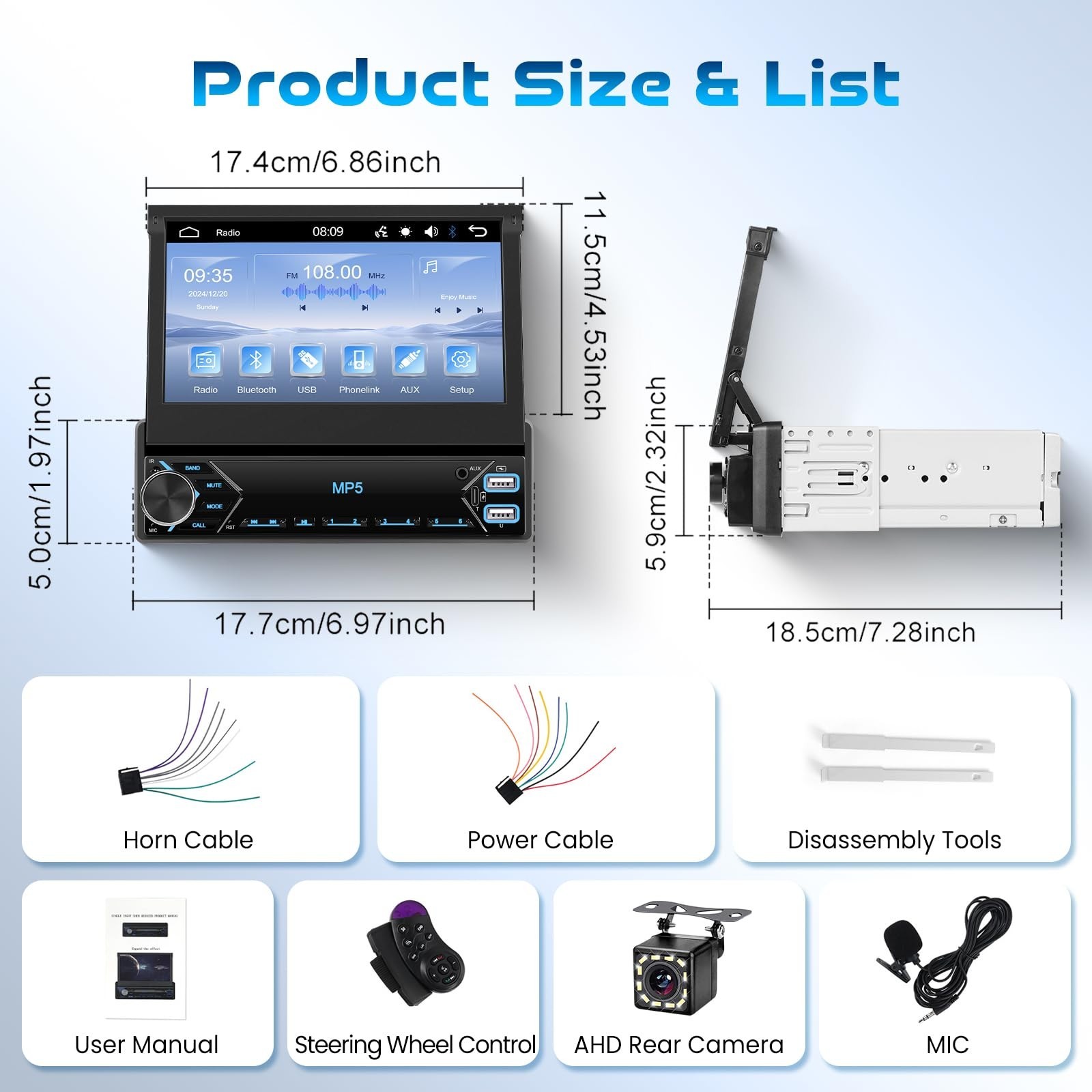 7″ Flip Out Car Stereo Bluetooth 1 Din Touch Screen Radio MP5 USB AUX Backup Cam