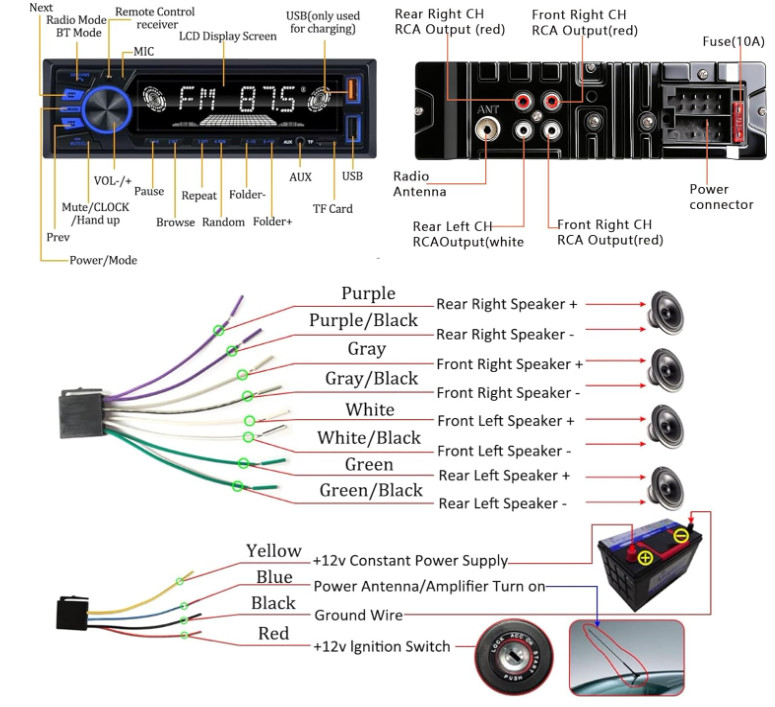 Autoradio Bluetooth Single DIN con Manos Libres, FM, MP3, EQ, Doble USB, SD, AUX