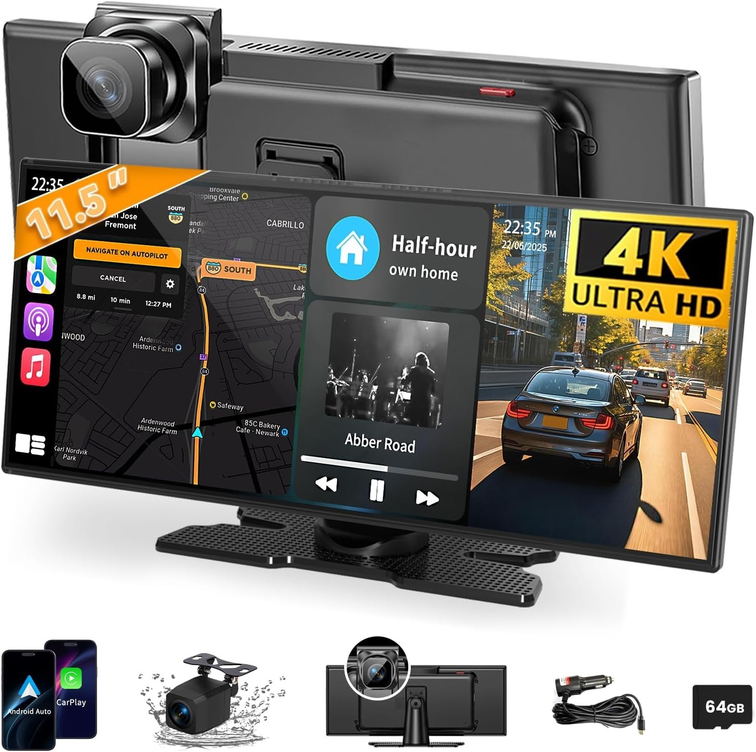 Largest 11.5″ Portable Carplay Screen for Car, 4K Wireless Car Play & Black