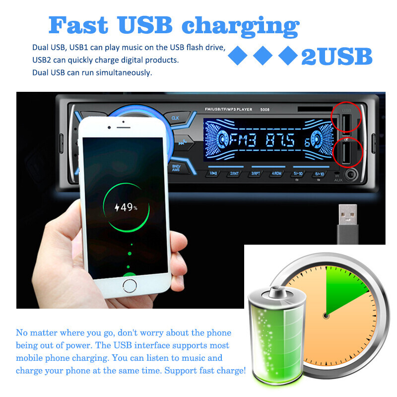 Single 1 Din Car Radio FM Stereo MP3 Player Bluetooth Head Unit In-Dash 2USB/AUX