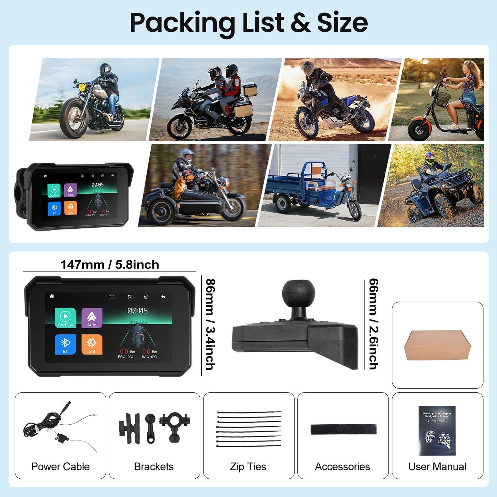 Motorcycle CarPlay Screen with Wireless Apple CarPlay Android Auto, IP68 Wate…