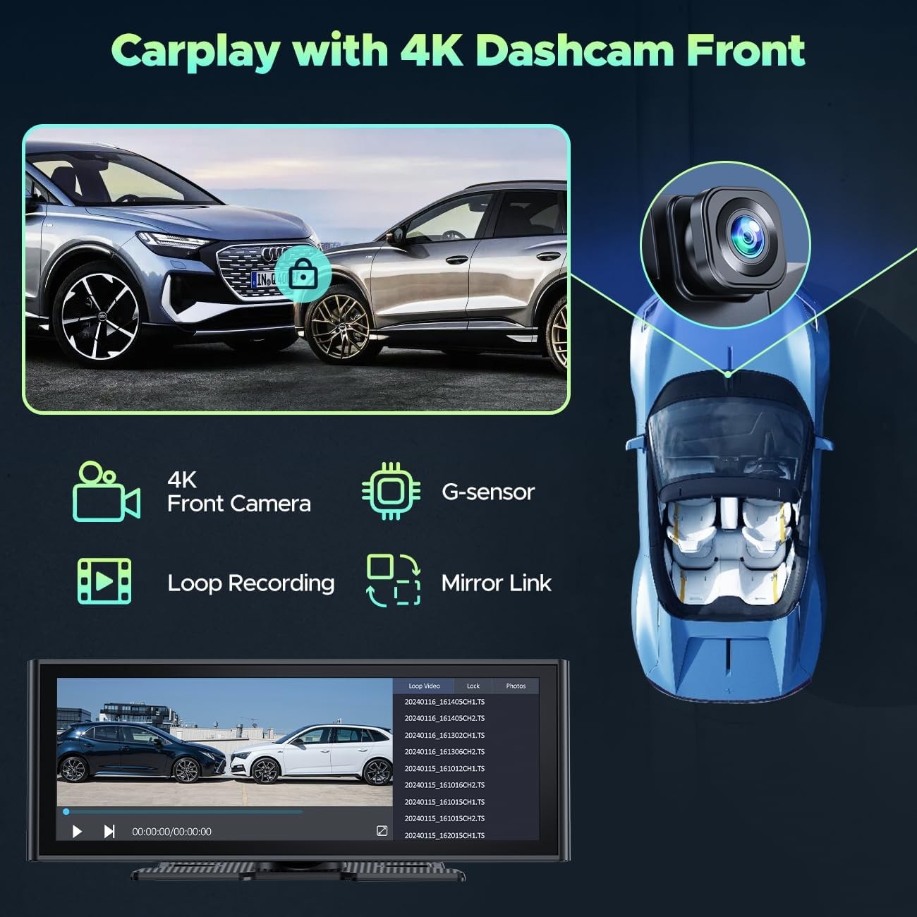4K Dash Cam 9.26″ Car Stereo Radio Wireless Apple Carplay/Android Auto+64GB Card
