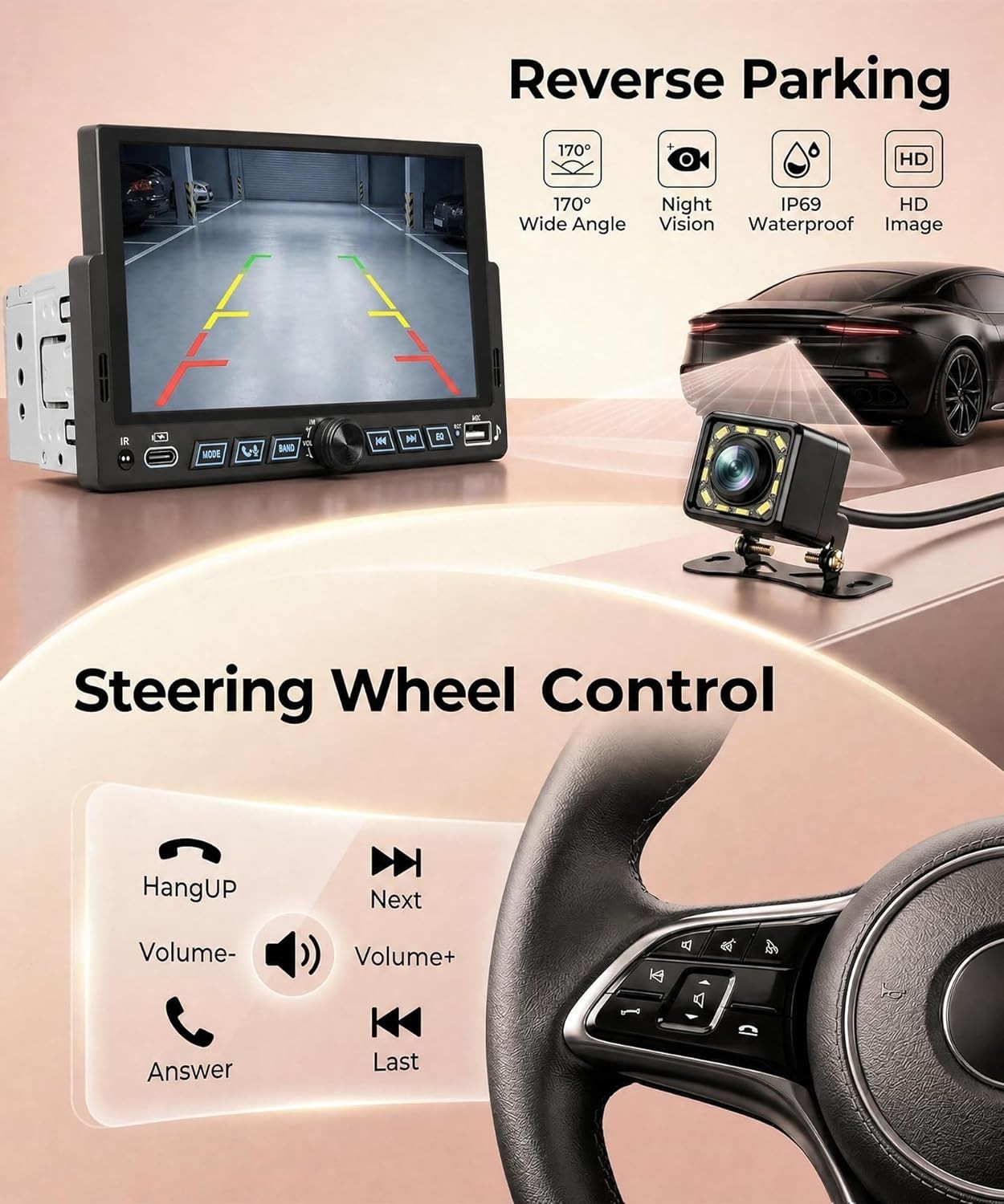 Single Din Car Stereo Wirelsss Carplay Android Auto, 1 Din Head Unit Bluetoot…