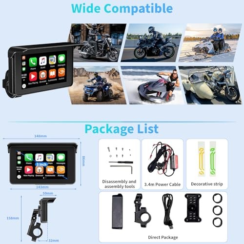 Motorcycle Carplay Screen with Wireless Apple Carplay & Android Auto, 5″