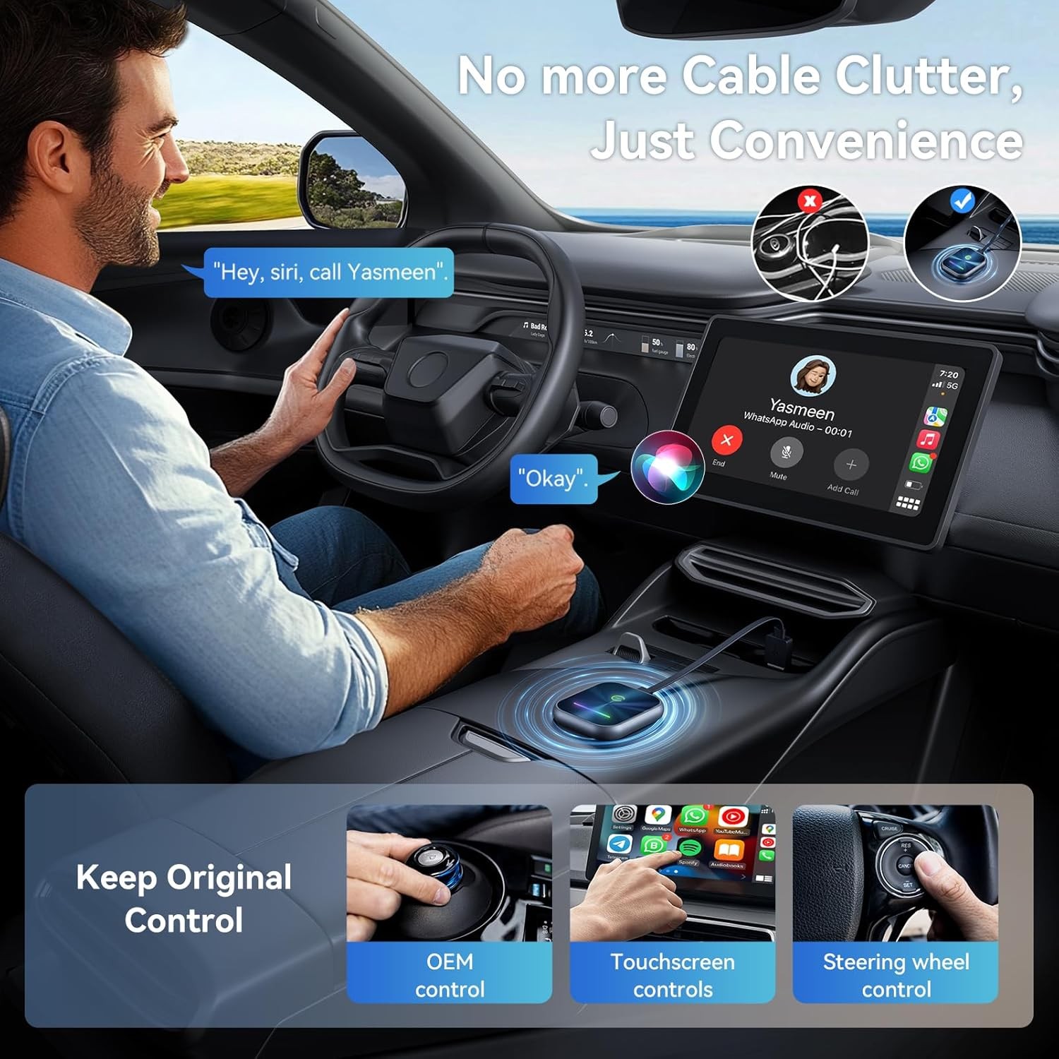 USB Wireless CarPlay Android Auto Adapter Converts Wired to Wireless Plug & Play