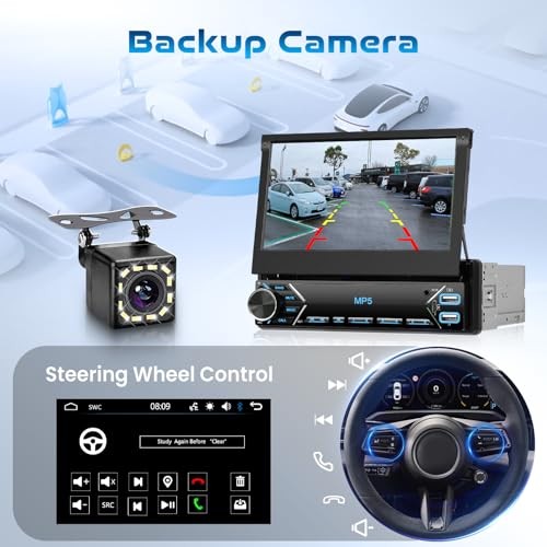 Single Din Flip Out Car Stereo Bluetooth 7 Inch Retractable Touch Screen Car