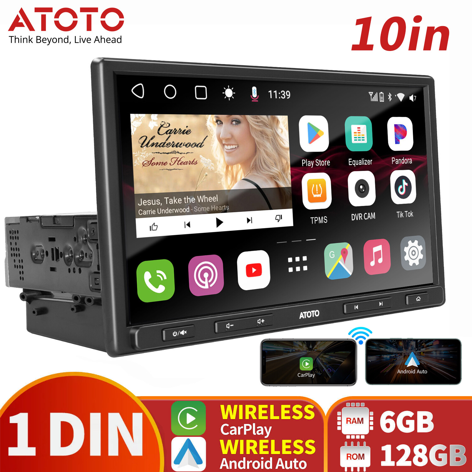 ATOTO 10in Single Din Android Car Stereo 6+128G Wireless Carplay Android Auto 4G