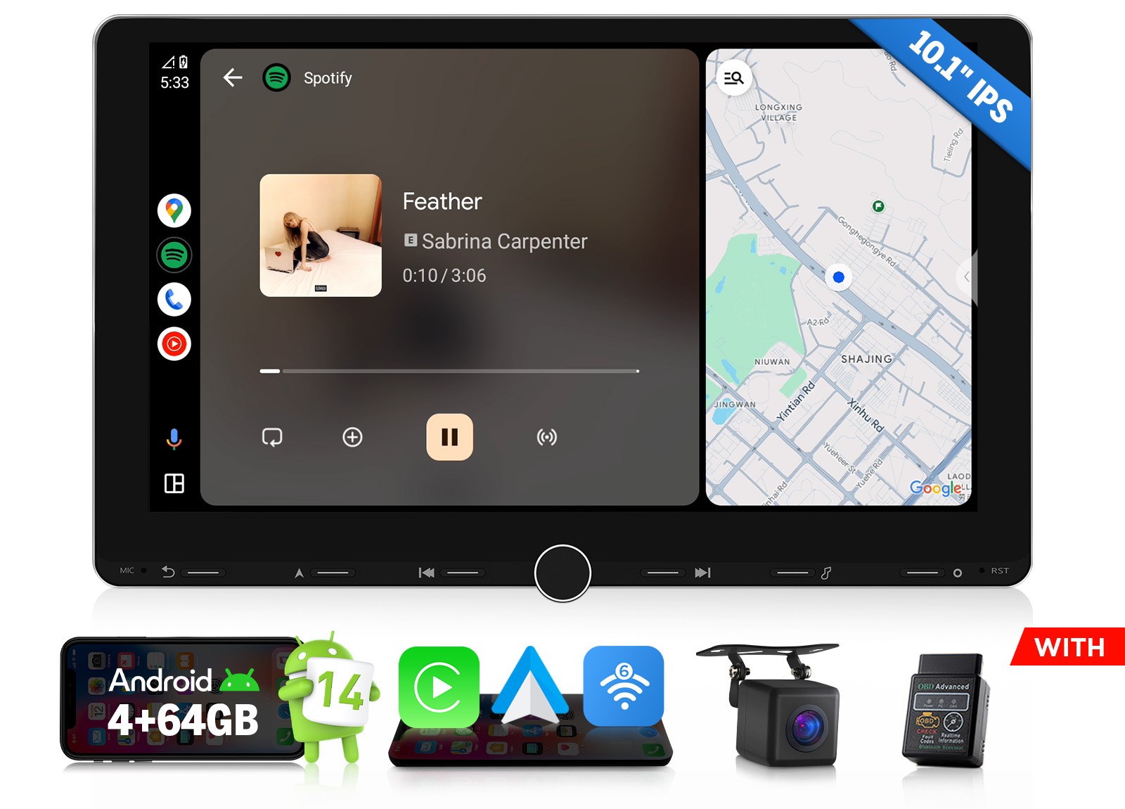 GPS Navigation Android Auto 10.1″ IPS 2 DIN Car Radio Head Unit Wireless CarPlay