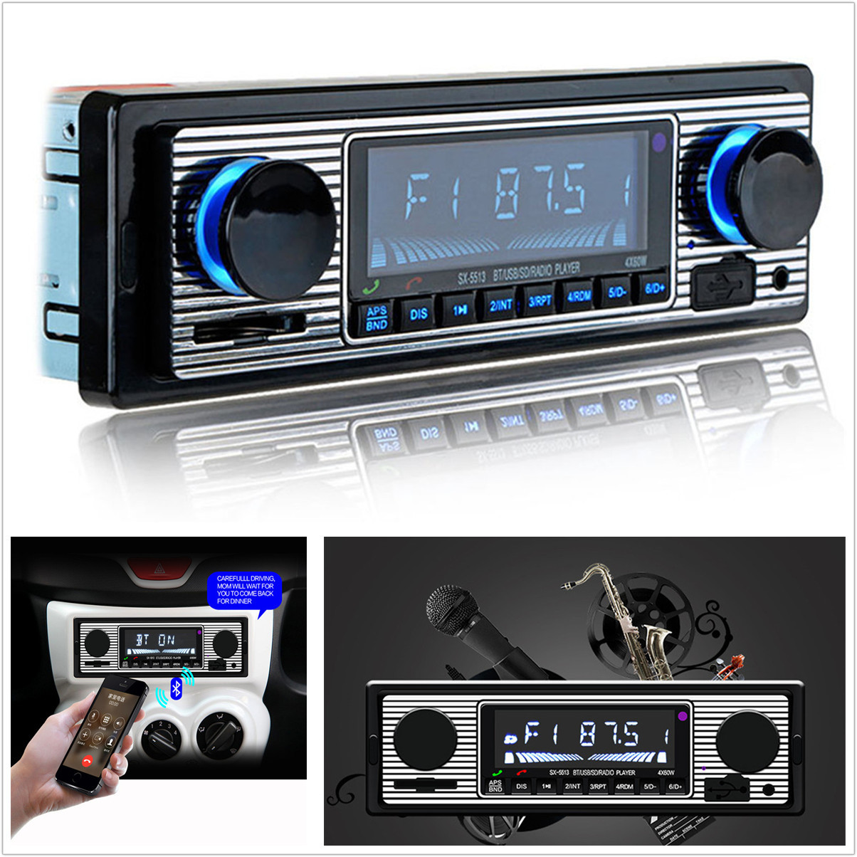 Vintage 1 Din Car FM Radio Stereo MP3 Player In-Dash Bluetooth USB AUX W/Remote