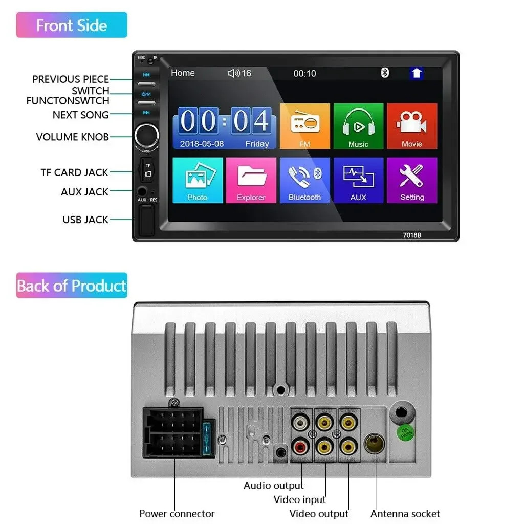 Car Stereo Radio 7 Inch Bluetooth MP5 Touch Screen Type-C USB FM 2 DIN Unit