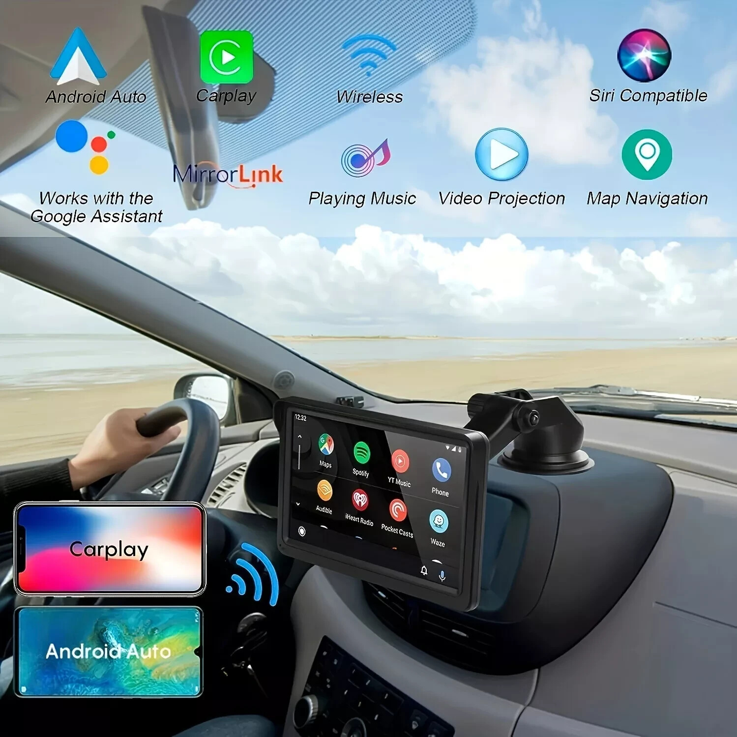 7 Inch Portable Wireless Touch Screen Car Stereo Apple Android Compatible New