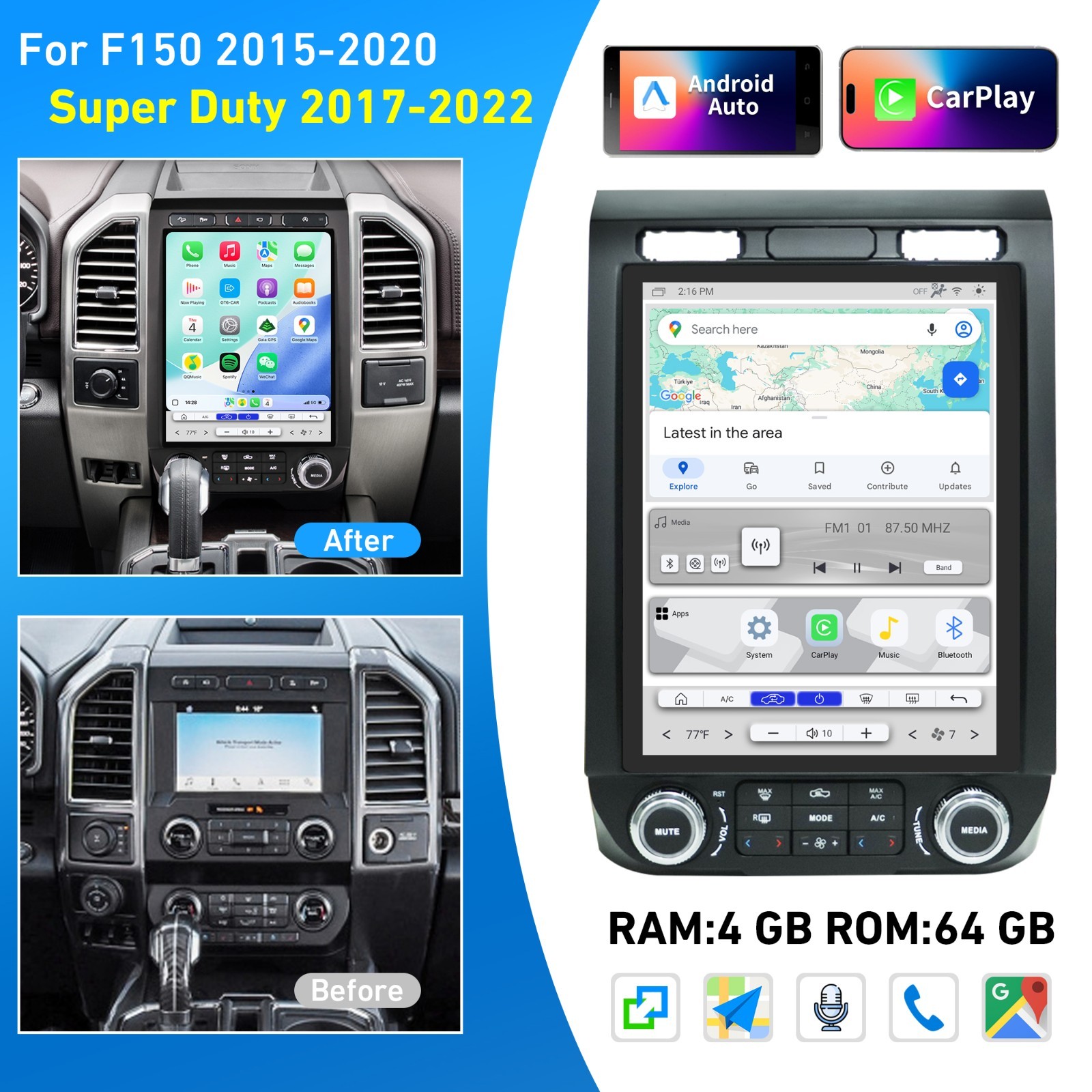 Android 13 Car Radio Stereo Tesla style For Ford F150 2015-2022 Carplay GPS Navi