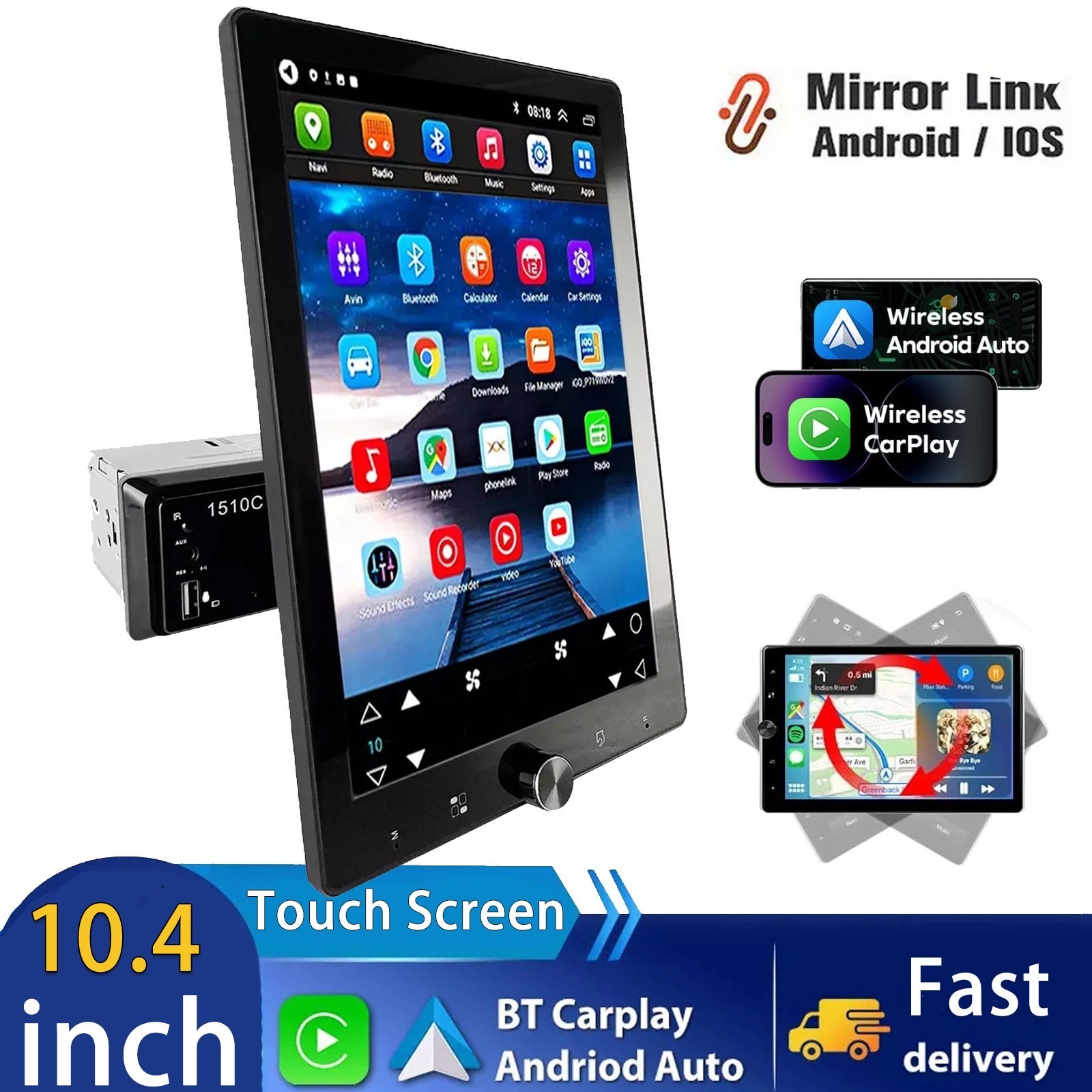 10.4″ Fit Apple CarPlay Android Auto Single 1 DIN Car Stereo Radio AUX USB BT FM