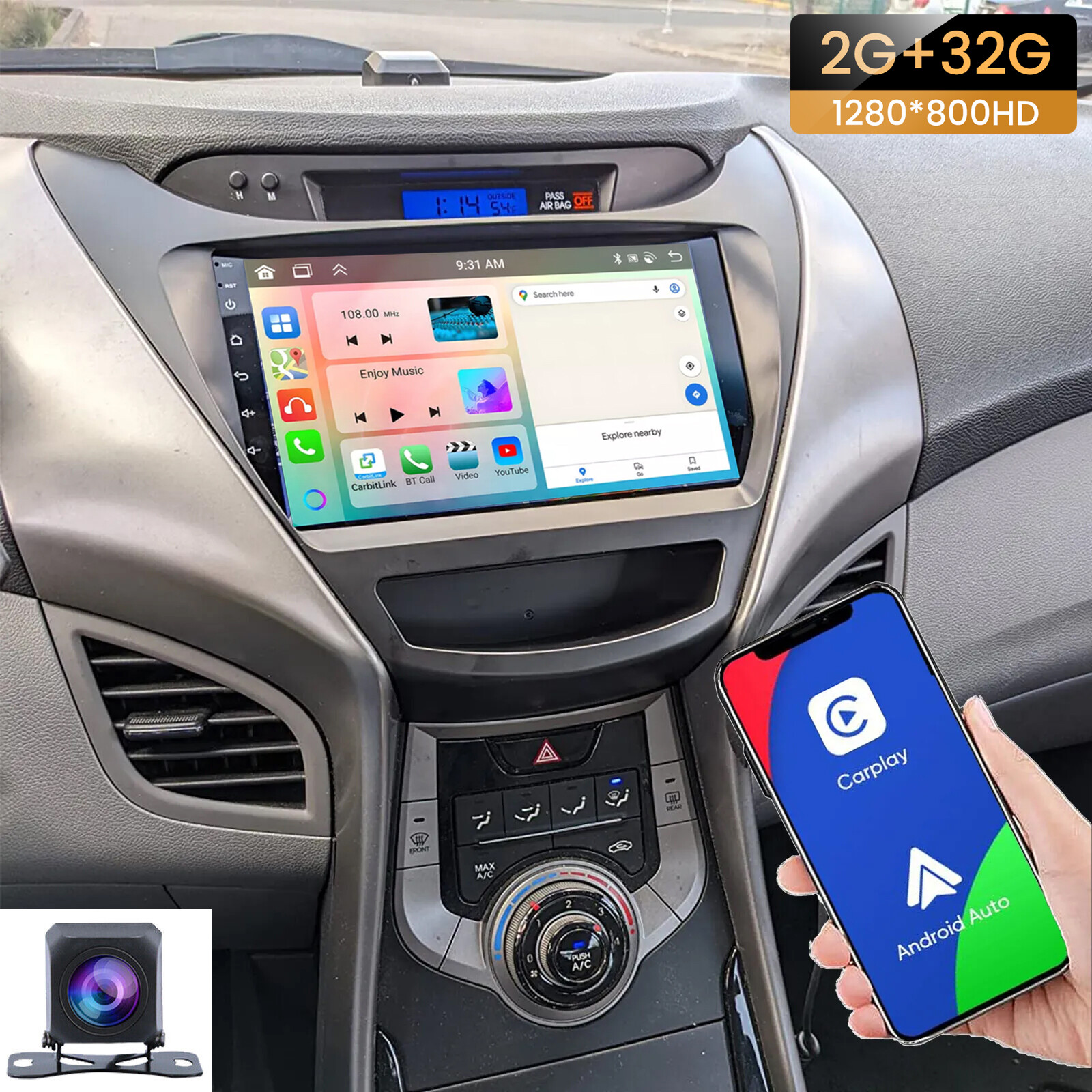 4Core 64G BT5.0 Radio Touch Screen Carplay GPS Cam For Hyundai Elantra 2011-2013