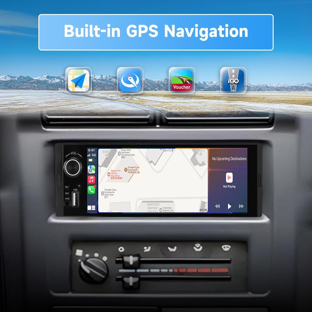 Pyniro Single Din Car Stereo, 6.36 Inch CarPlay & Android Auto HD IPS Black