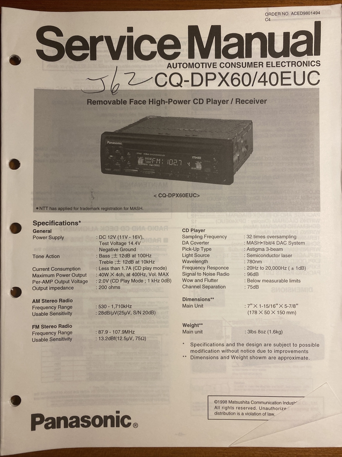 Panasonic CQ-DPX60 CQ-DPX40EUC CD Car Stereo Original Service Repair Manual