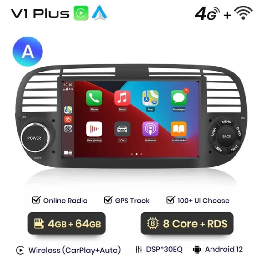 Radio For Fiat 500 7″ 2007/2015 Android Bluetooth Navigator Carplay 4/64