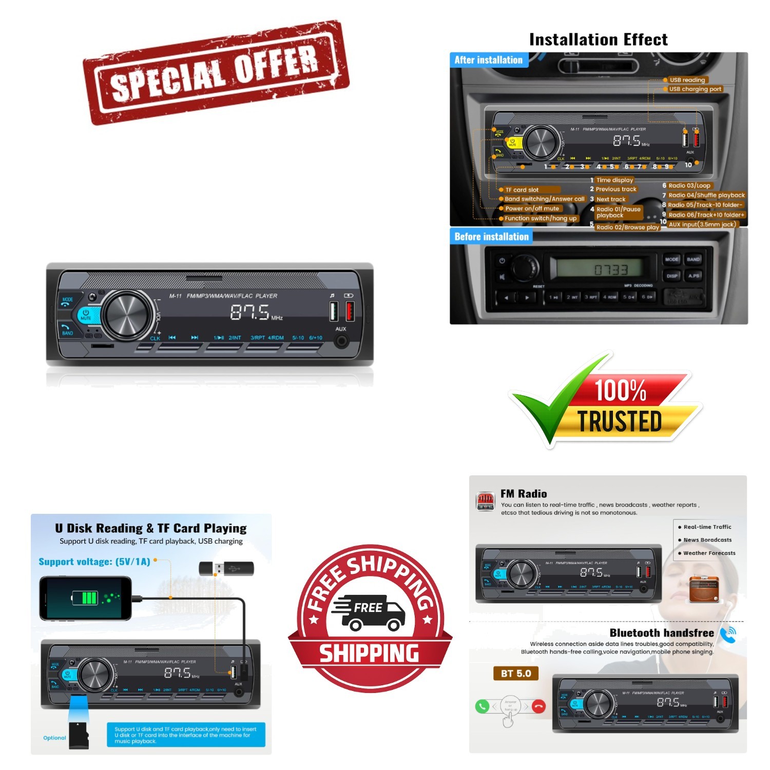 Single Din Car Stereo with Bluetooth 5.0 for Hands-Free Calling & FM Radio