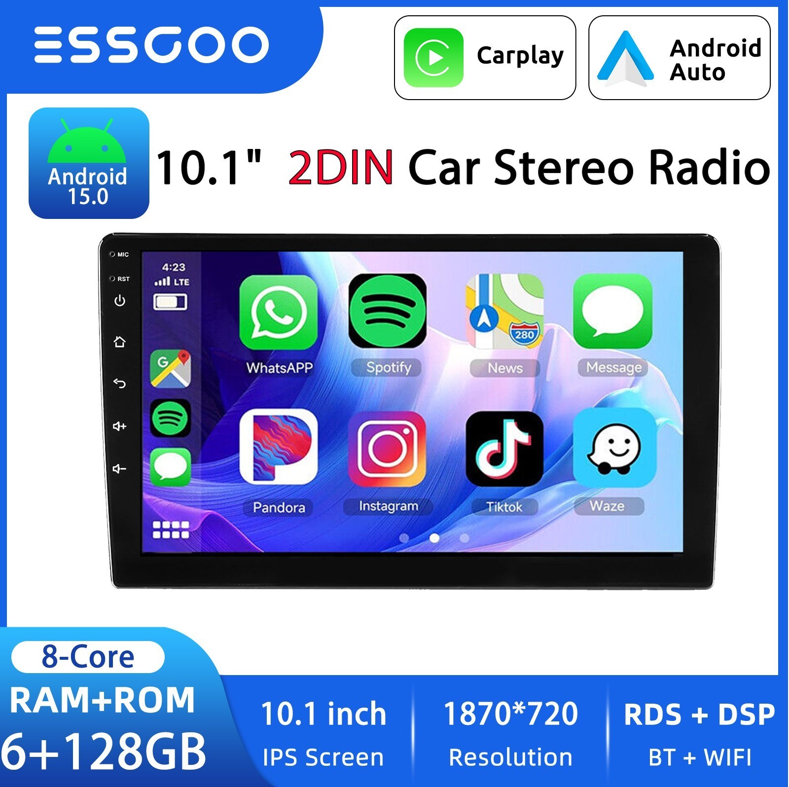 10.1″ 6+128GB 8-Core Android 15 Apple CarPlay Car Stereo Radio GPS Navi WiFi FM