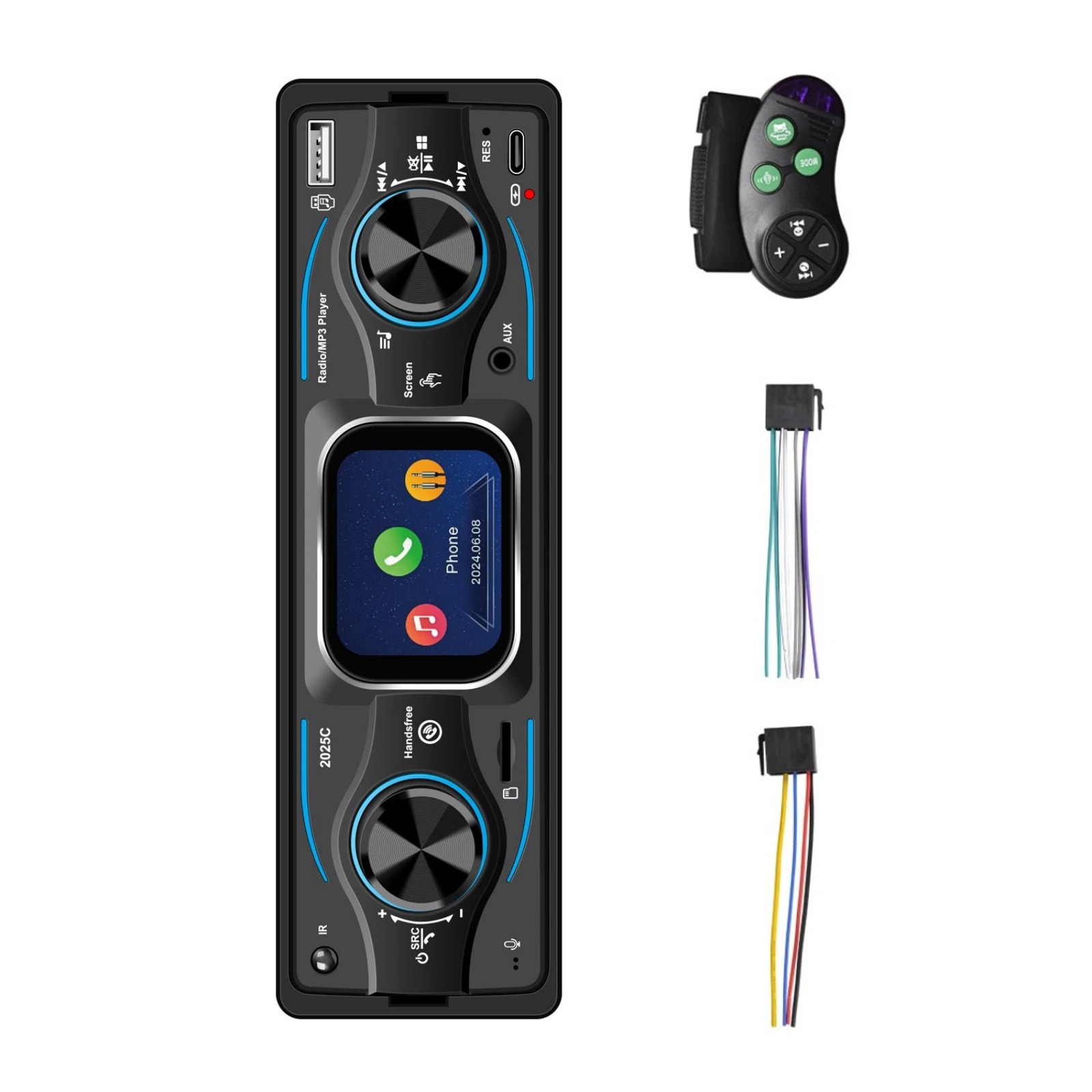 1DIN Car Radio with LED Segment Display, 7 Colors Blue Red Yellow Purple Green
