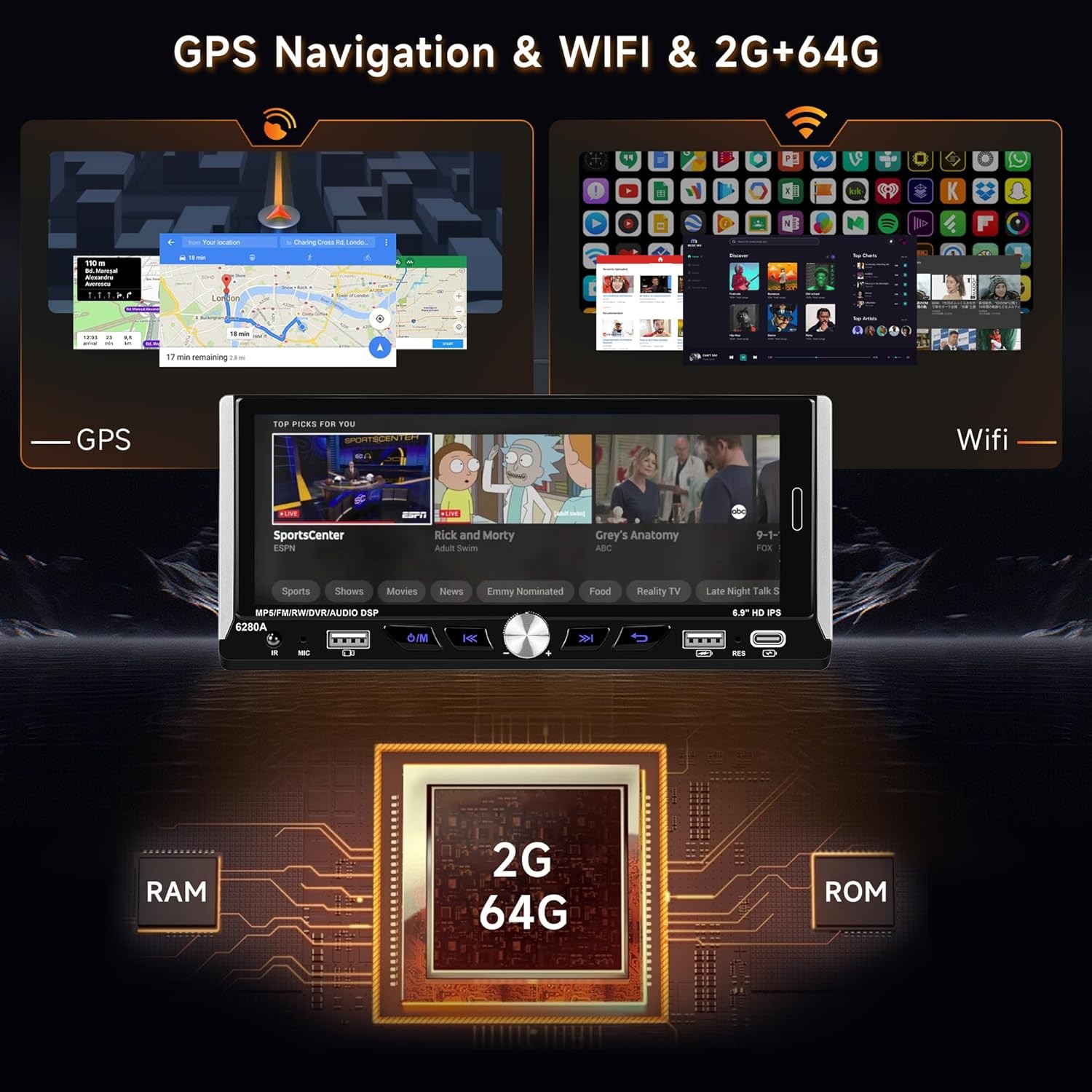 2+64GB Single Din Car Stereo Wireless Apple CarPlay 6.9 touchscreen BT Radio USB
